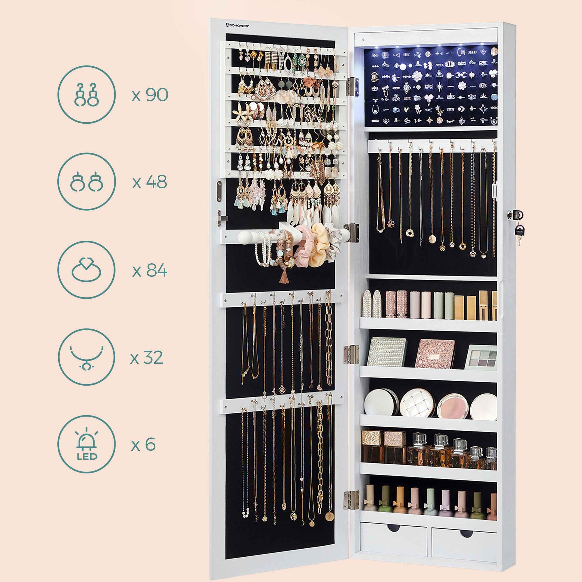 SONGMICS Schmuckschrank Spiegelschrank mit LED Beleuchtung and Spiegel