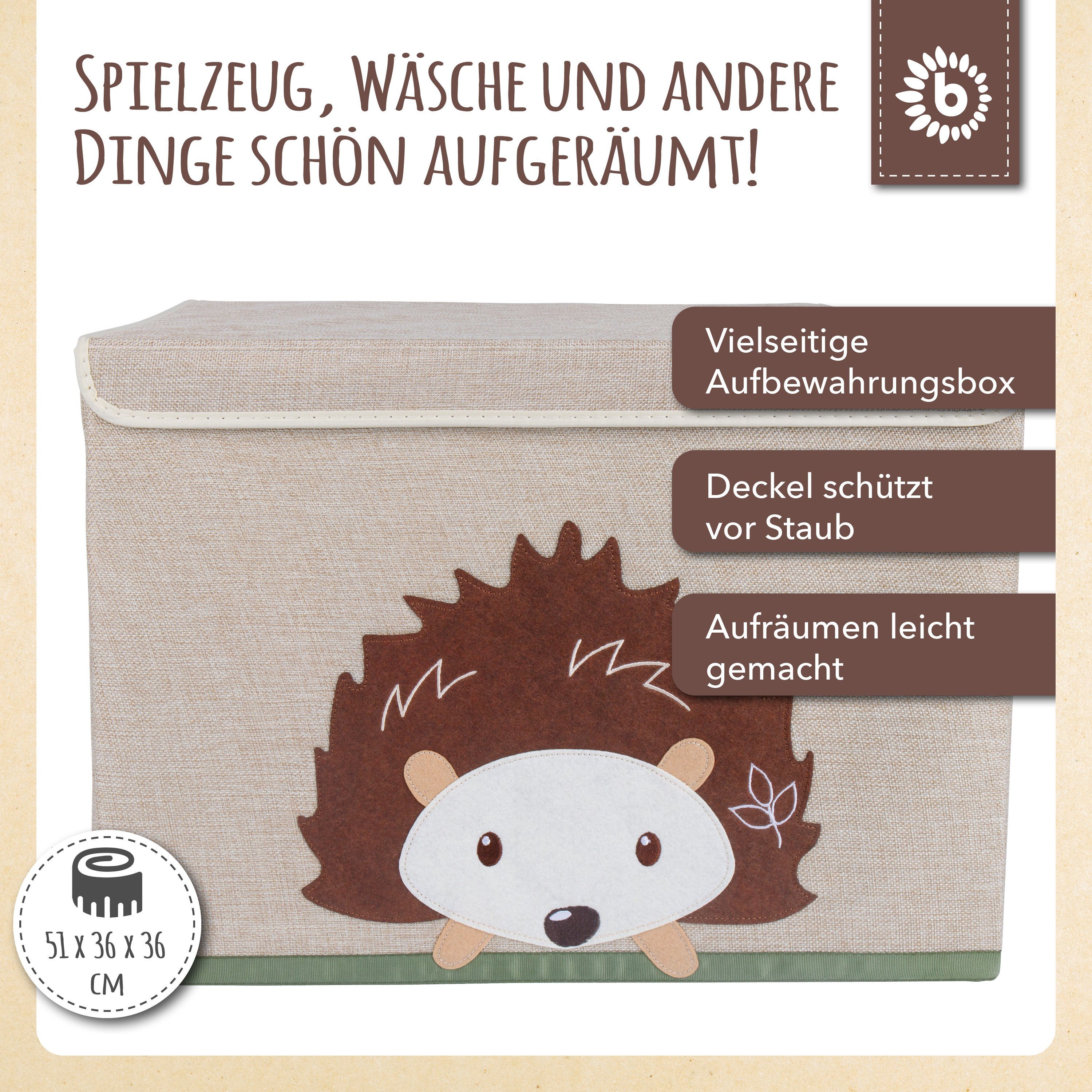 BIECO Spielzeugtruhe Bieco Aufbewahrungsbox mit Deckel 65L faltbar ca. 36x36x51cm Spielzeugkiste mit Deckel Aufbewahrungsbox Kinder Kisten mit Deckel Aufbewahrungsbox Groß Wickeltisch Organizer Igel Motiv