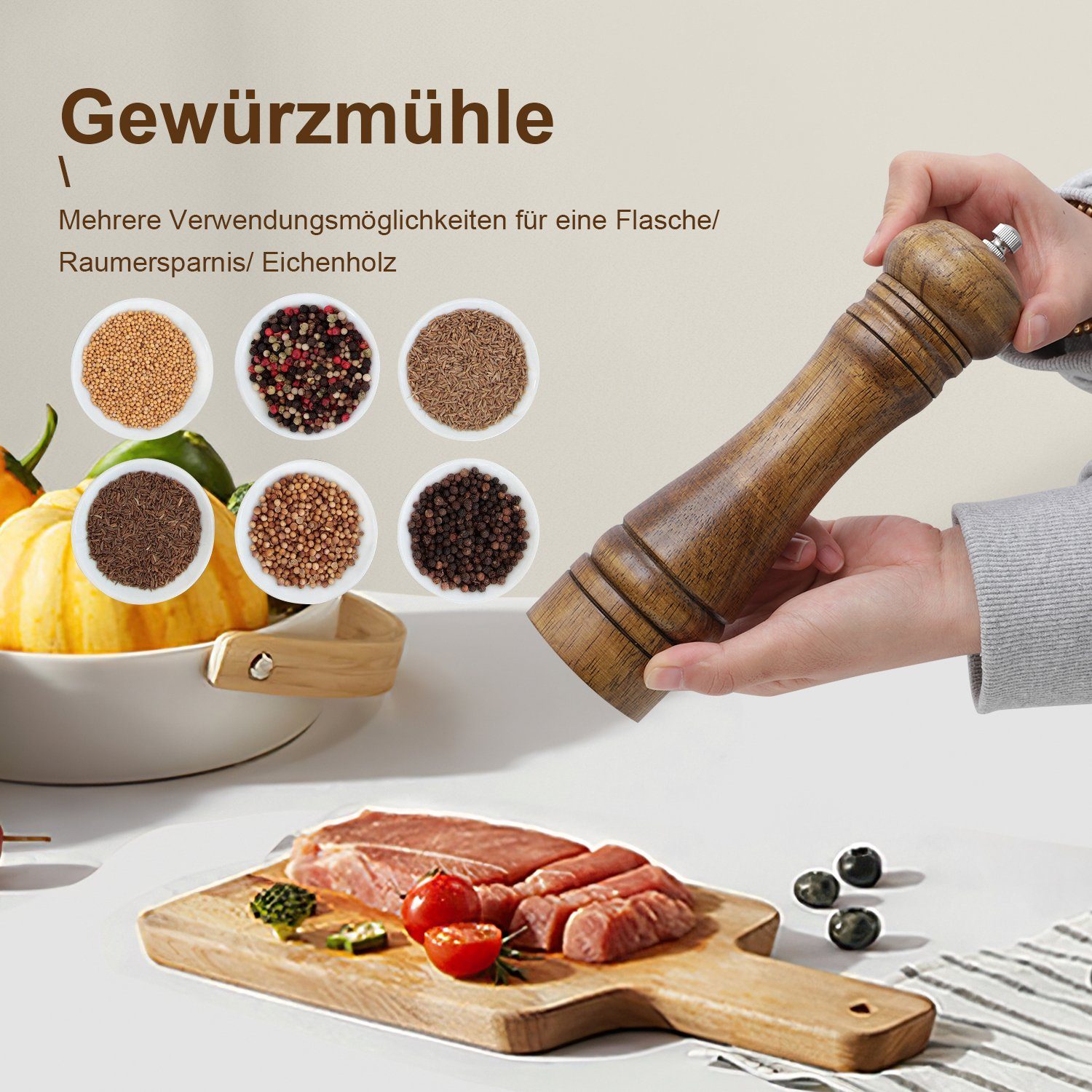 Vicbuy Salz-/Pfeffermühle manuell, (2 Stück), Holz Gewürzmühle Einstellbar