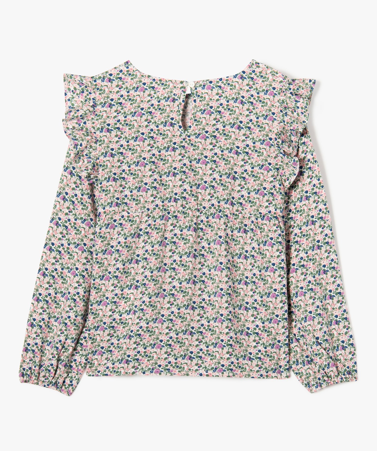 Chemise fleurie à manches longues et volants fille kaki | GEMO