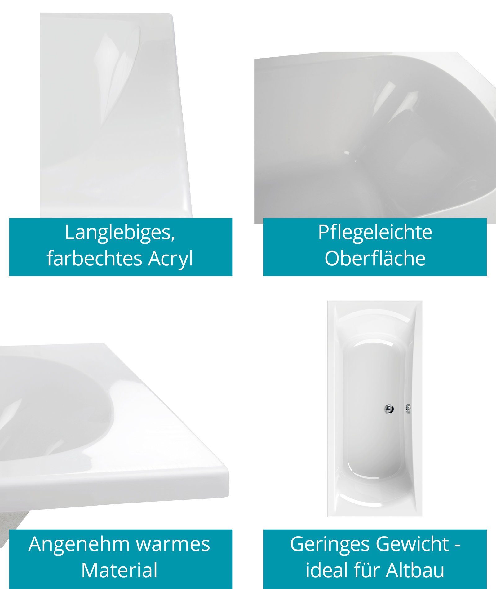 Calmwaters Badewanne Modern Curved, (1-tlg), Weiß, 180 x 80 cm, Acryl, Duobadewanne für zwei Personen, 02SL3317