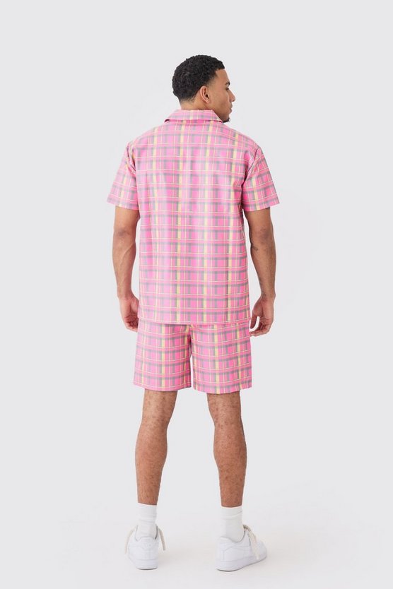 Kurzärmliges kariertes Oversize PU-Hemd