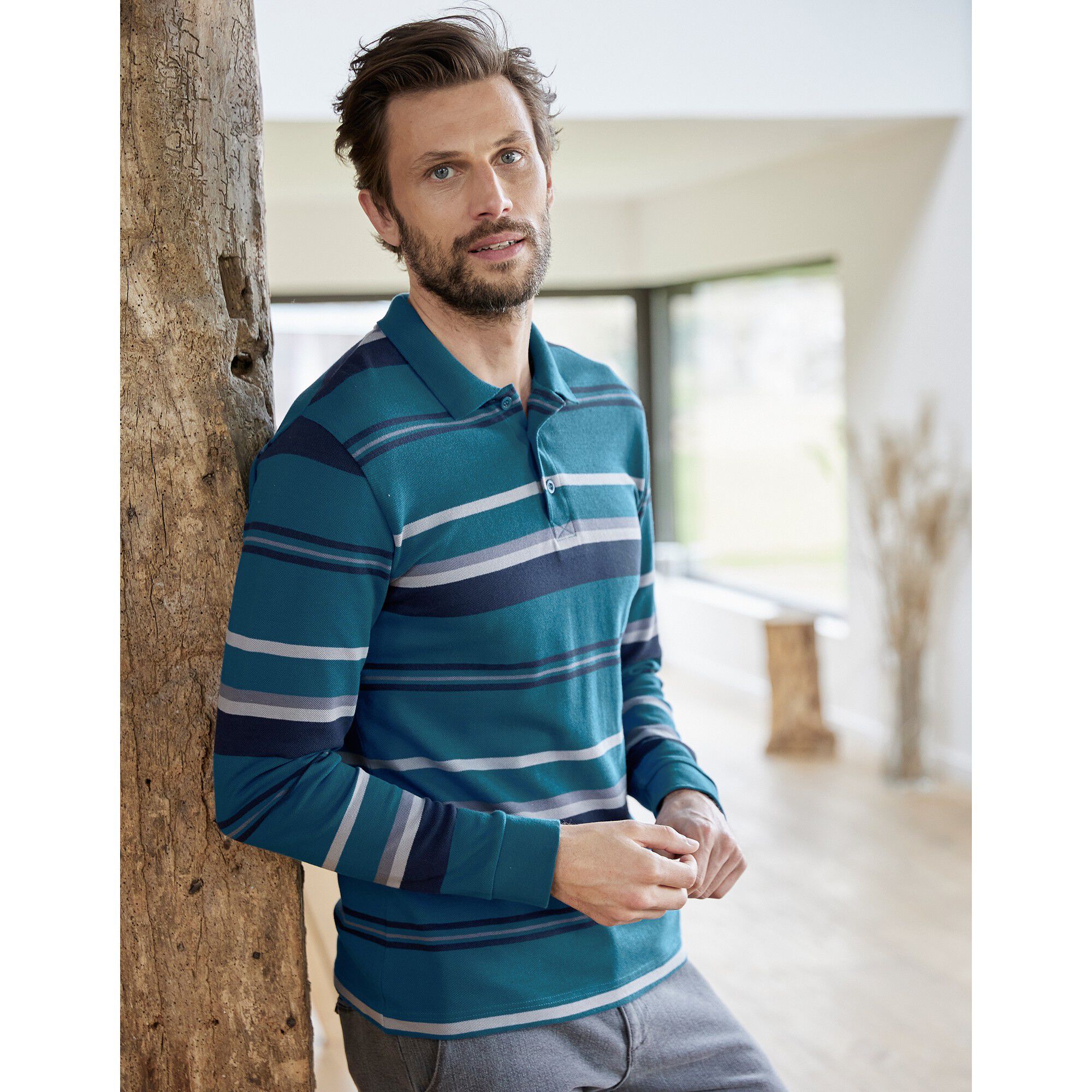 Polo maille piquée rayée, manches longues