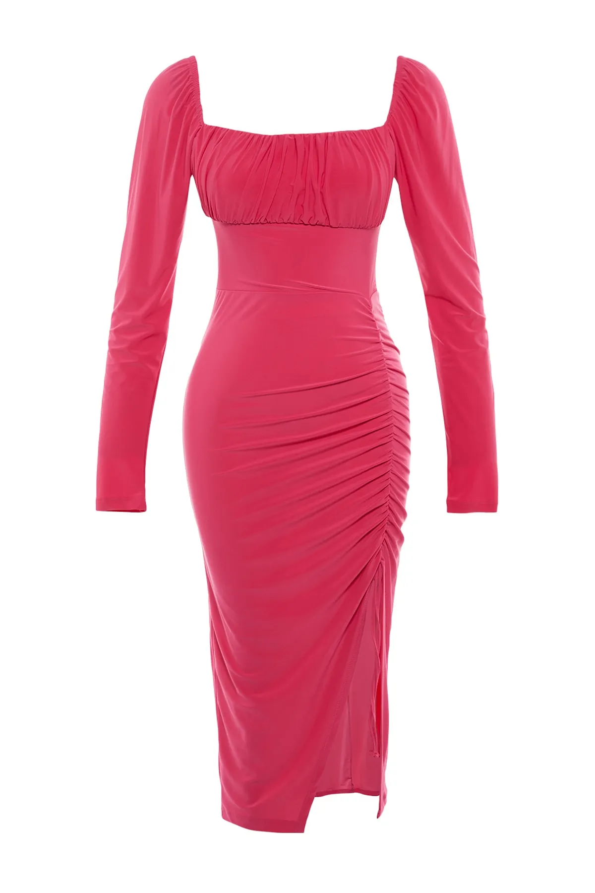 Trendyol Collection  Fuchsiafarbenes gestricktes Abendkleid mit Rüschen und Details TPRAW23EL00236