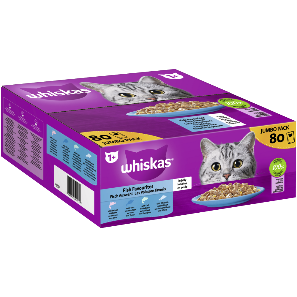 Whiskas Portionsbeutel Multipack Jumbo Pack 1  Fisch Auswahl in Gelee 80 x 85g