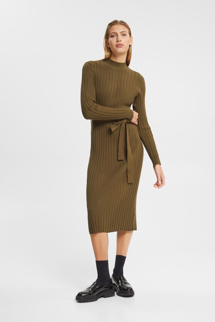 Rippstrick-Midikleid mit Stehkragen