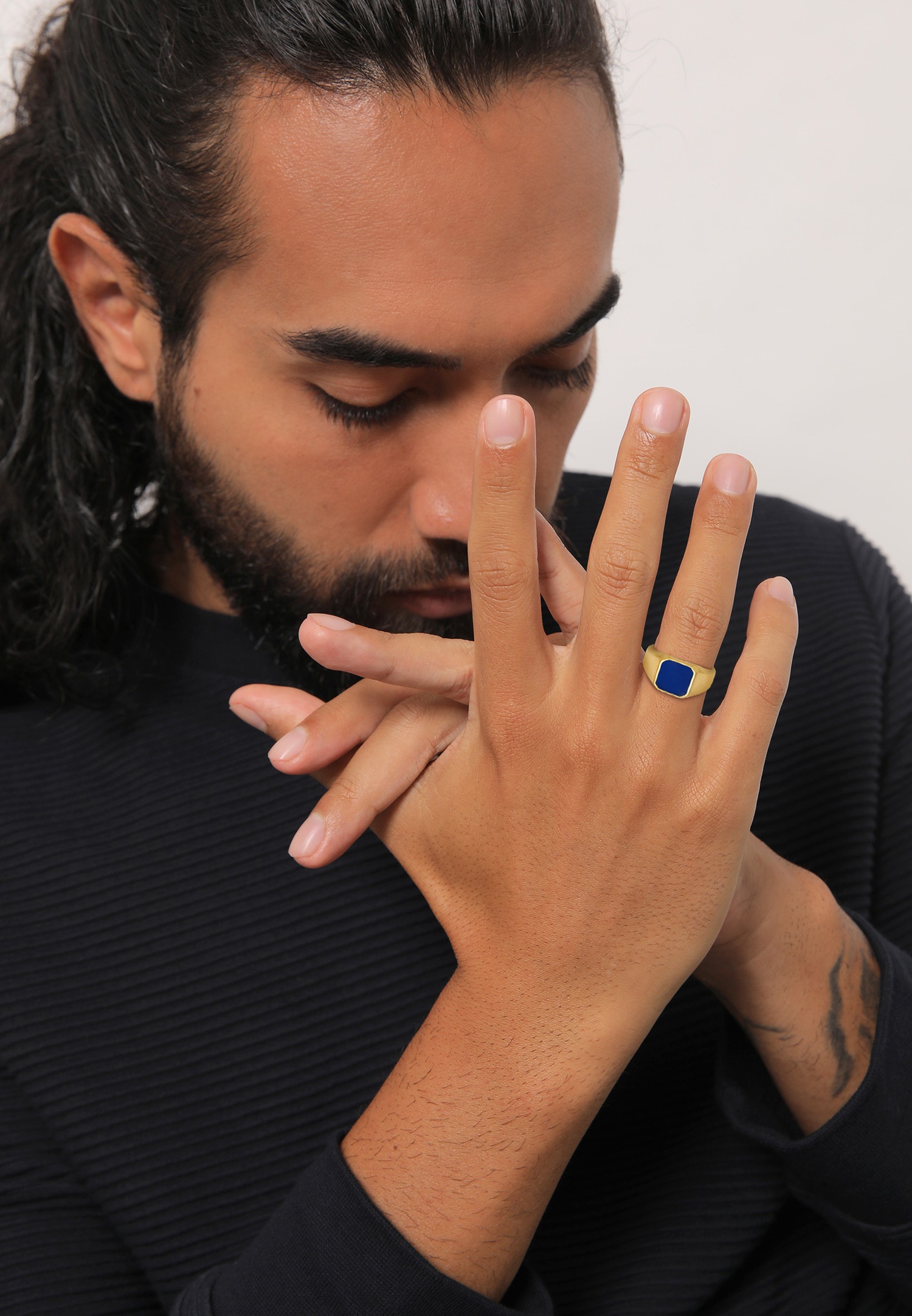 KUZZOI Men's Solid Basic Blue Signet Ring with Enamel in 925 Sterling Silver