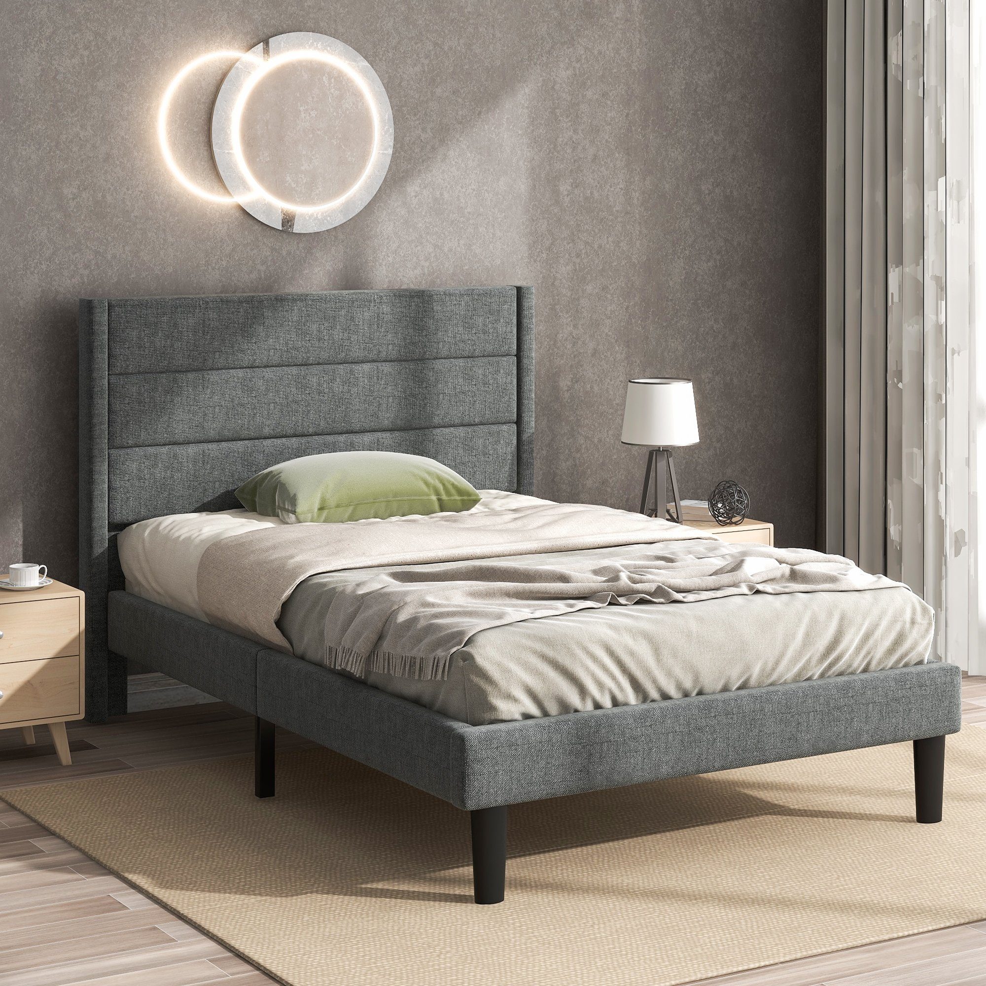 Flieks Polsterbett, Holzbett Einzelbett mit Lattenrost Leinen 90x200cm