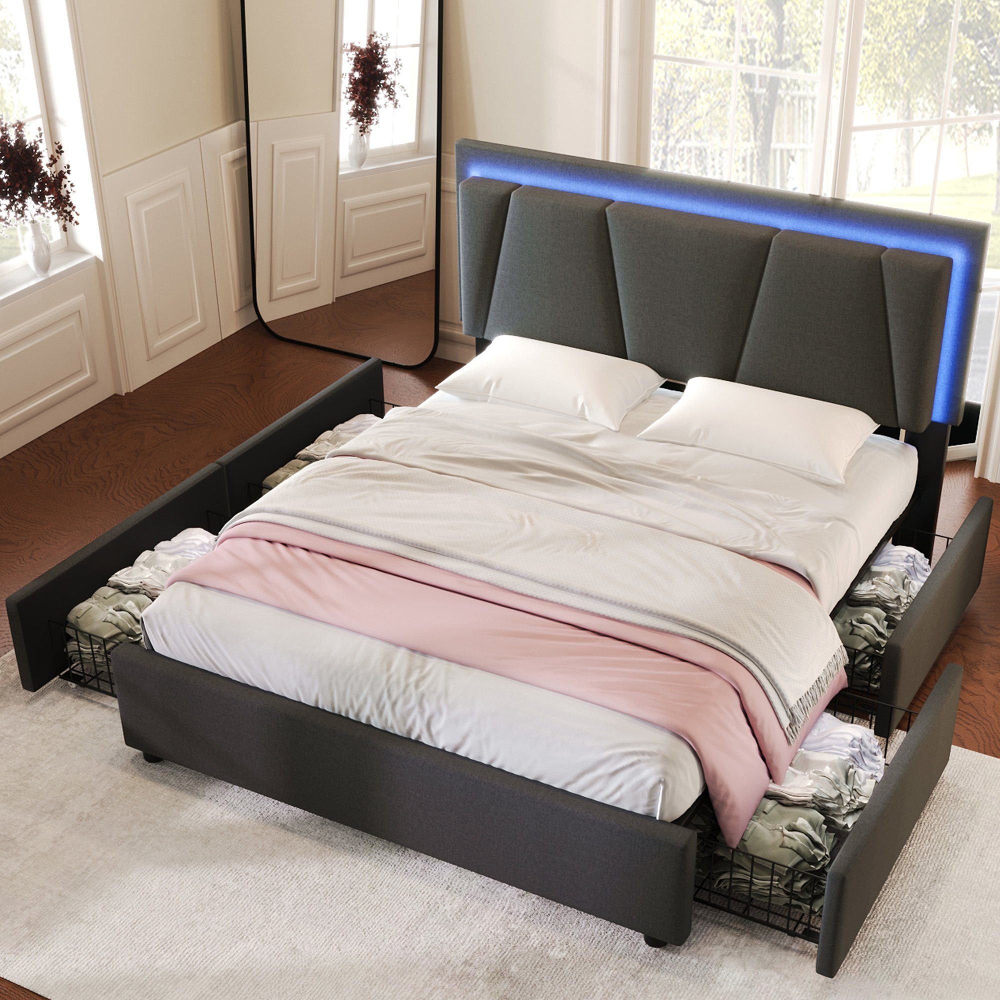 HAUSS SPLOE Polsterbett Polsterbett Doppelbett Funktionsbett Bettrahmen mit Schubladen, Doppelbett 140x200cm Lattenrost aus Holz, Grau(Ohne Matratze)