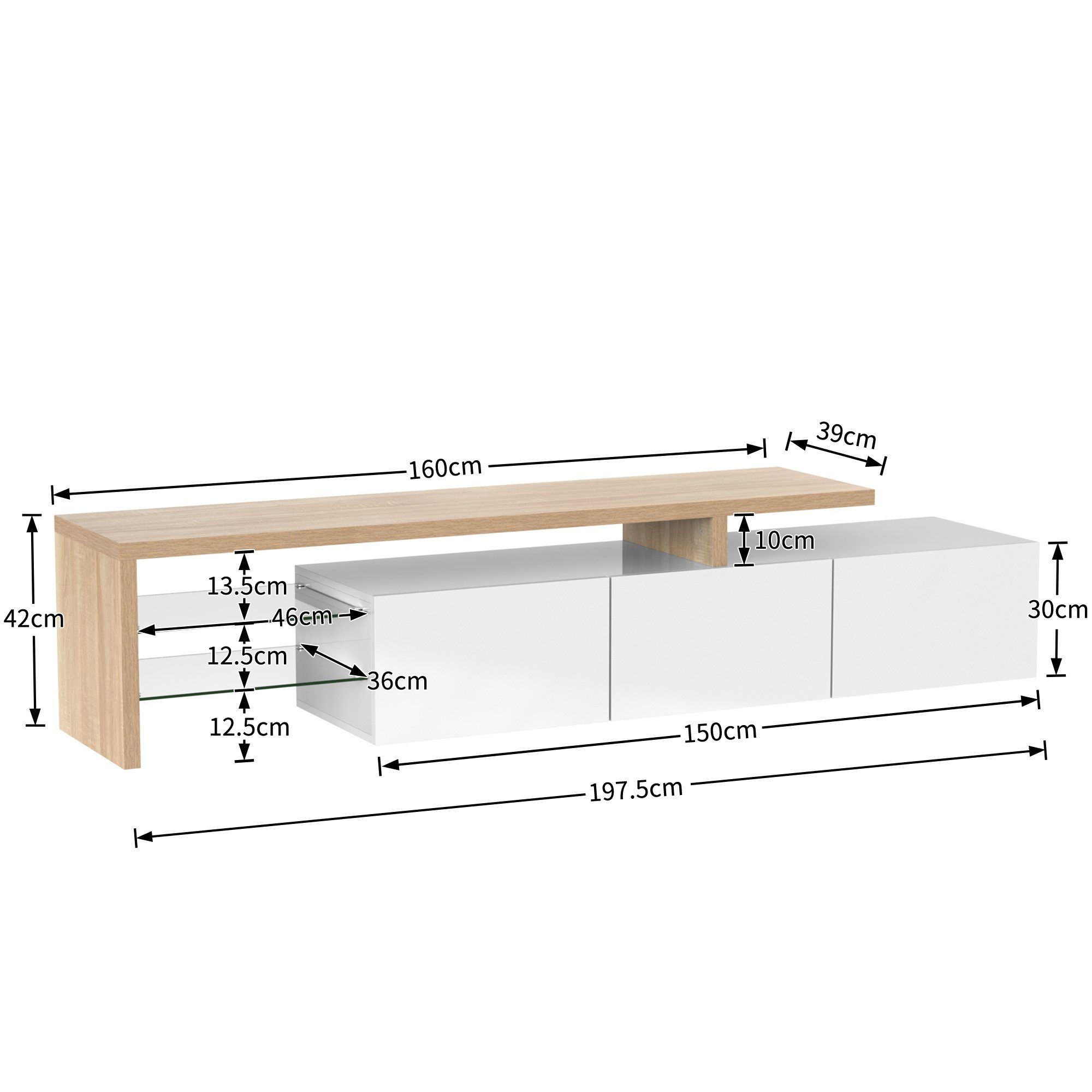 Merax Lowboard, mit Glasablgen und LED-Beleuchtung, Fernsehtisch Hochglanz, TV-Schrank