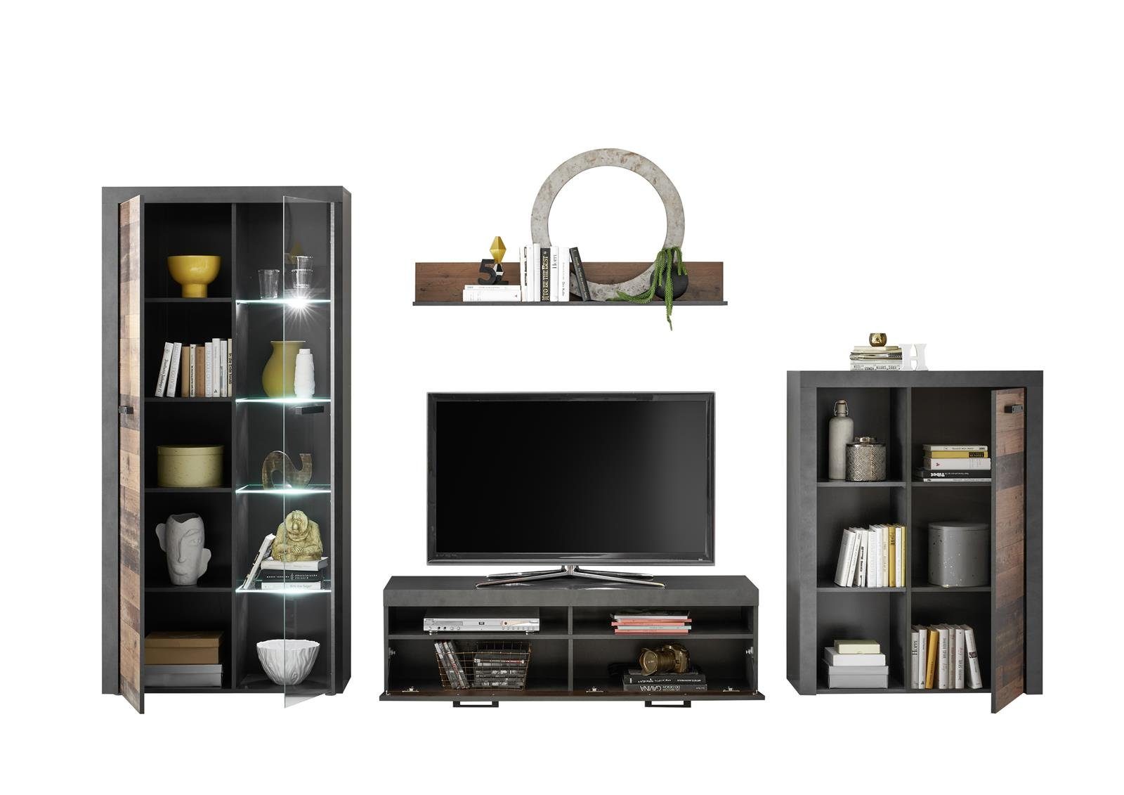 möbelando Wohnwand Johannes, (4-St), Moderne Wohnwand aus Spanplatte, Korpus in Matera, Front in Old Style Dunkel Nachbildung bestehend aus 1 Vitrine, 1 Highboard, 1 TV-Lowboard und 1 Wandboard. LED-Beleuchtung inklusive. Stellmaß ca. Breite 340 cm,