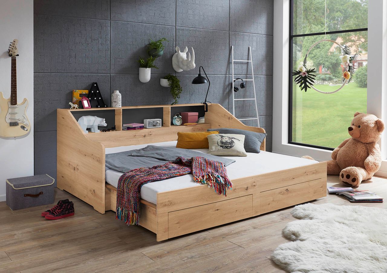 Relita Funktionsbett RENE, von 90 auf 180 x 200 cm ausziehbar, Eiche Artisan Dekor