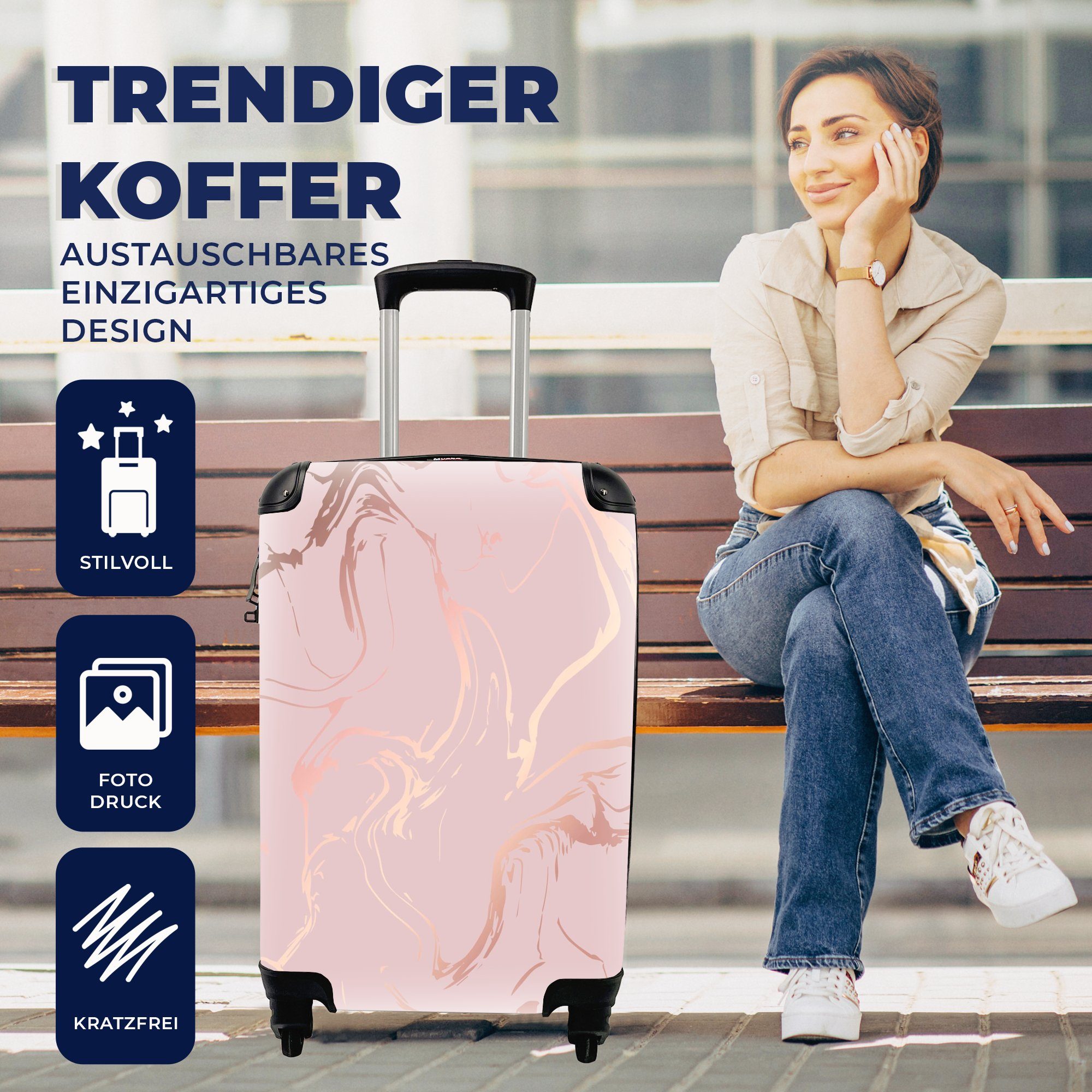 MuchoWow Handgepäckkoffer Marmor - Roségold - Linie, 4 Rollen, Reisetasche mit rollen, Handgepäck für Ferien, Trolley, Reisekoffer