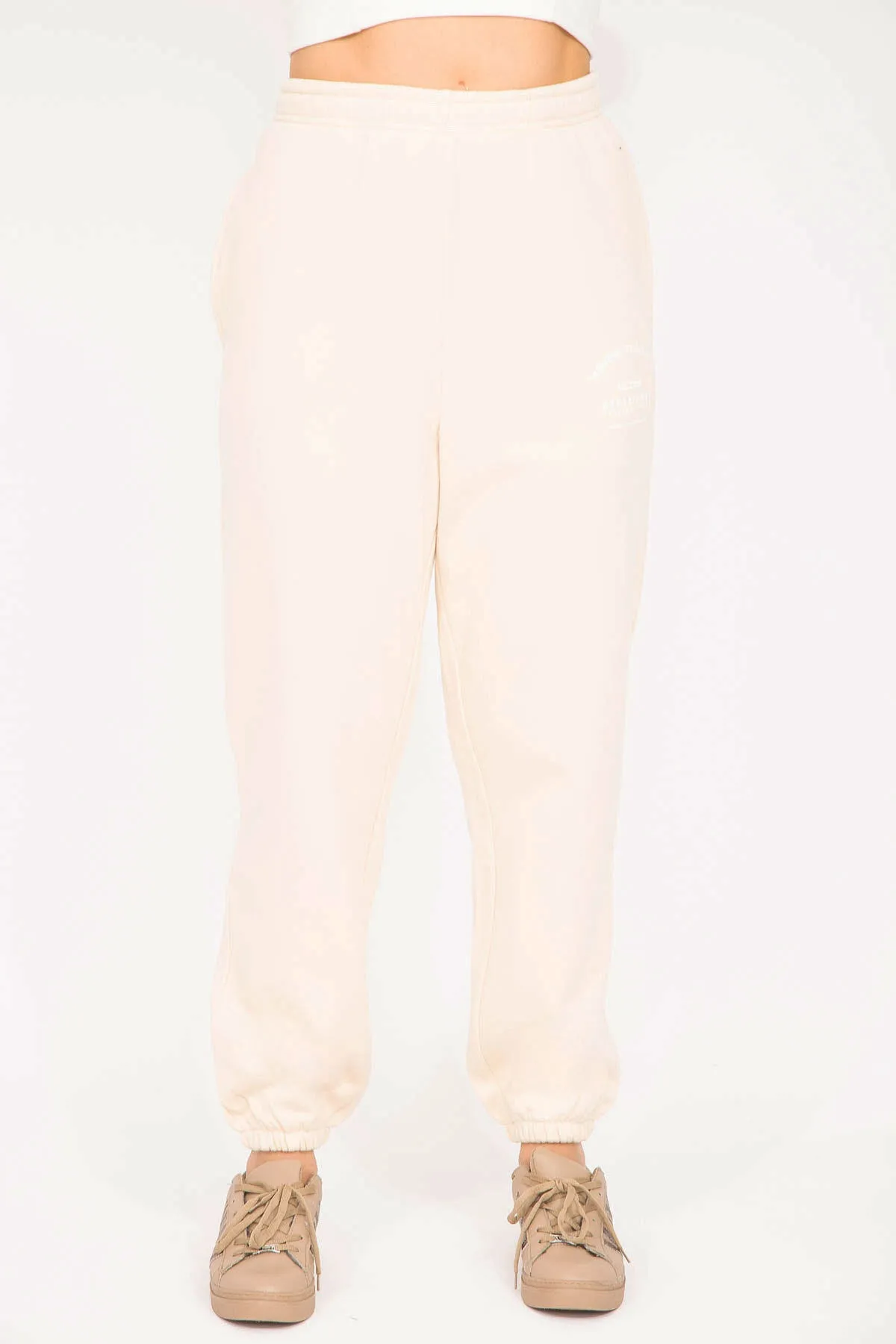 Şans  Gerippte Trainingshose aus 3-fädigem Fleecestoff für Damen in großen Größen in Beige, 65n35293