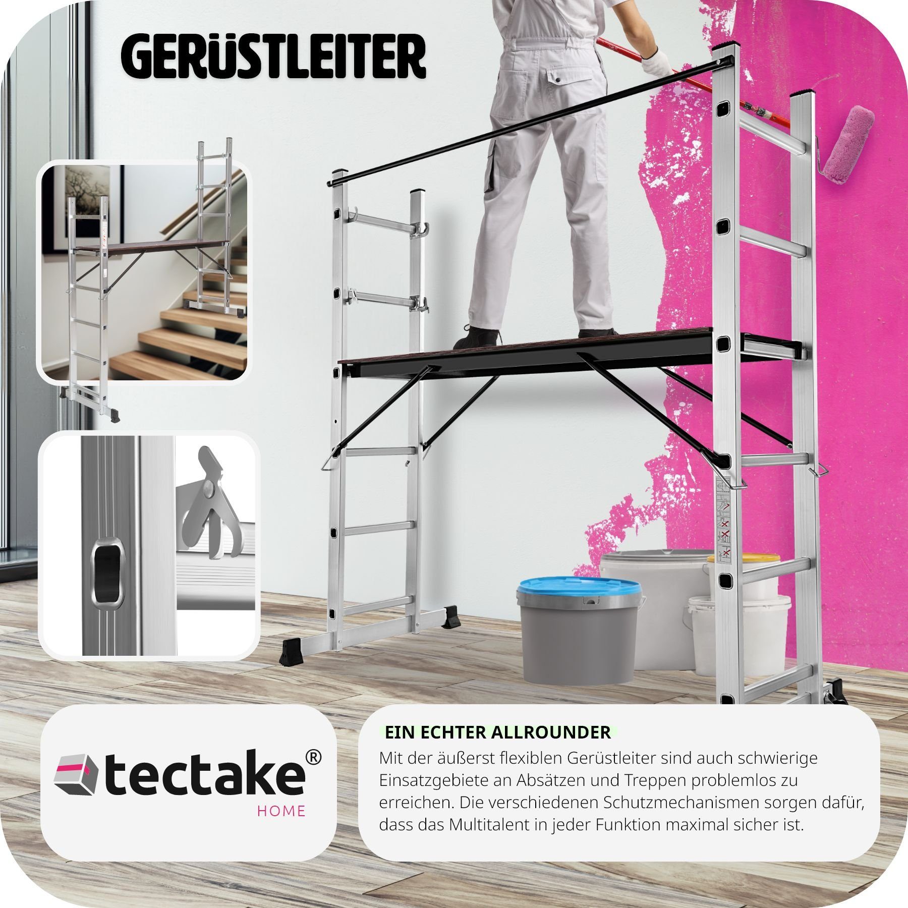 tectake Teleskopleiter Mehrzweckleiter Leitergerüst, faltbar