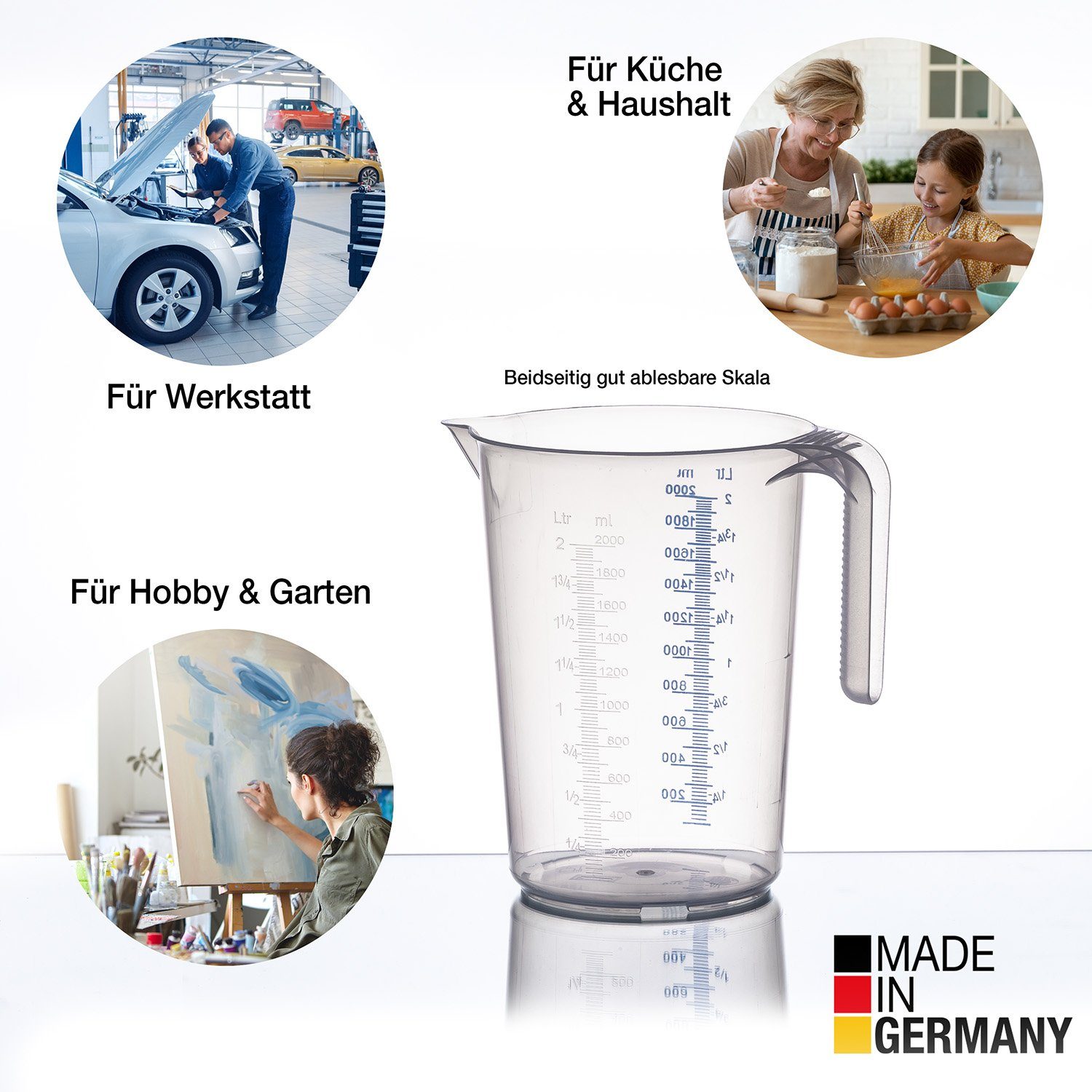 BigDean Messbecher Set 3 Größen: 500ml, 1L, 2L Skala, hitzebeständig Made in Germany, Polypropylen-Kunststoff