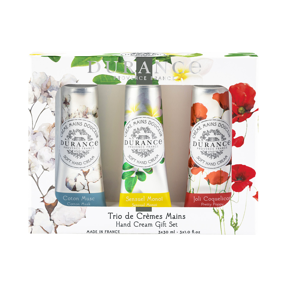 durance Coton Musc, Sensuel Monoï, Joli Coquelicot Coffret crème mains 30 ml