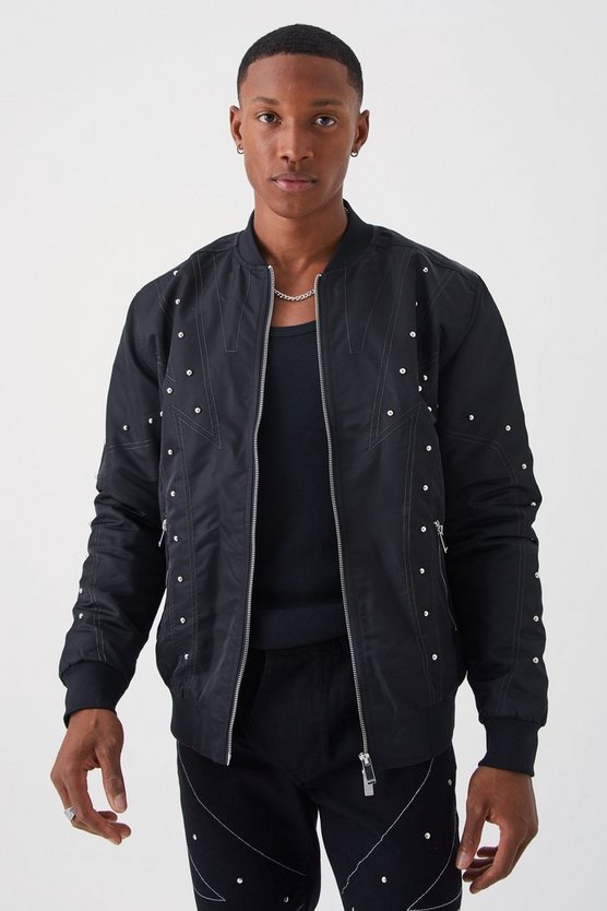 Nylon-Bomberjacke mit Nieten und Kontrast-Naht