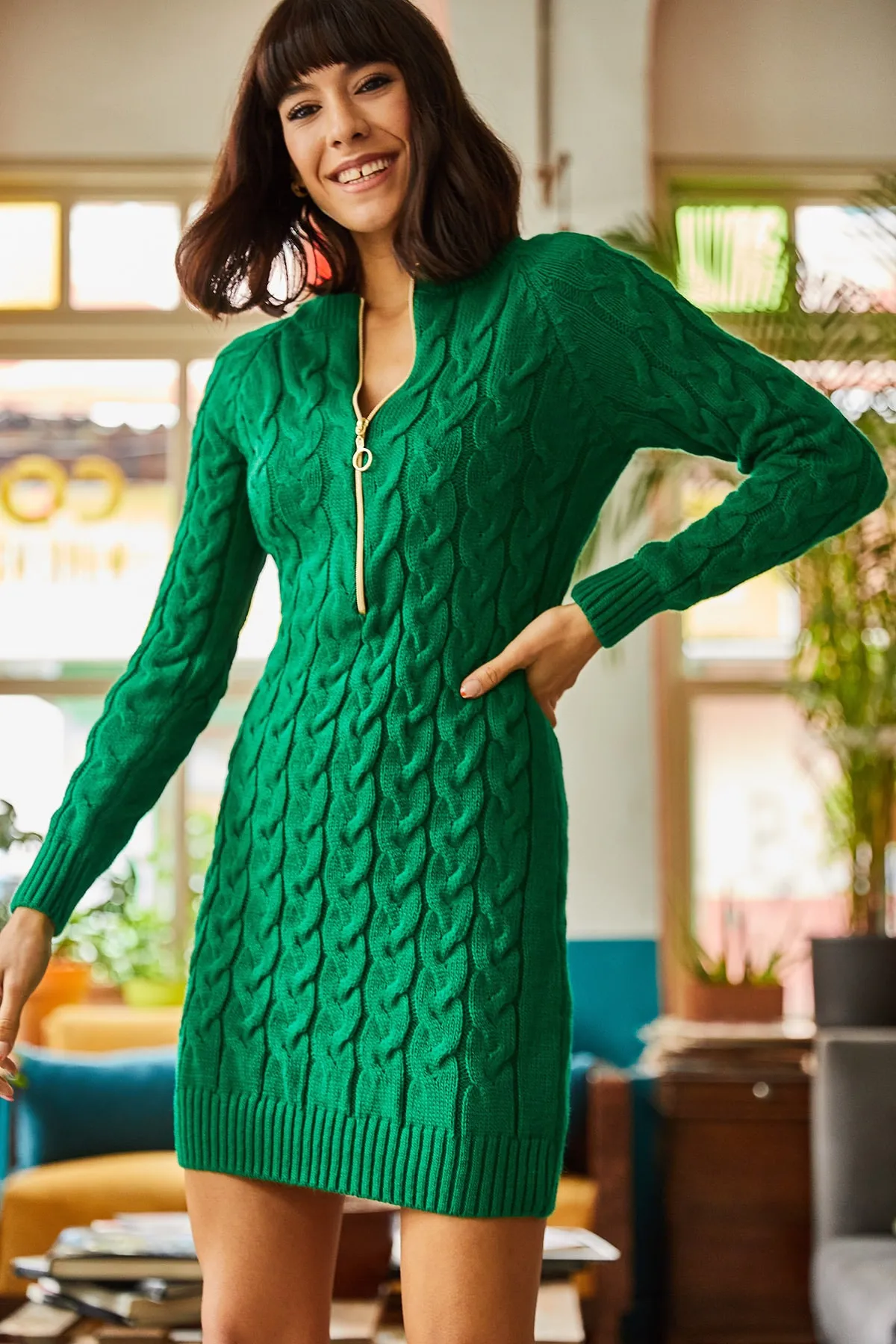 Olalook  Grünes geflochtenes Strickkleid mit Reißverschluss für Damen ELB-19001362
