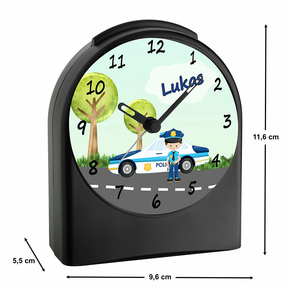 Kinder Funkwecker personalisiert mit Namen Polizei Atom-/Funkuhr, 12-Stunden-Anzeigeformat, Schlummerfunktion, Nachtlicht, Geräuschlos/Ohne Ticken