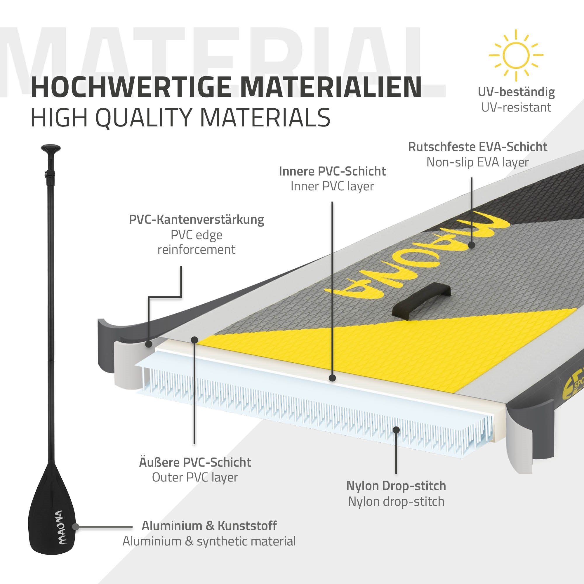ECD Germany SUP-Board Aufblasbares Stand Up Paddle Board Maona Surfboard, Grau 308x76x10cm PVC bis 120kg Pumpe Tragetasche Zubehör