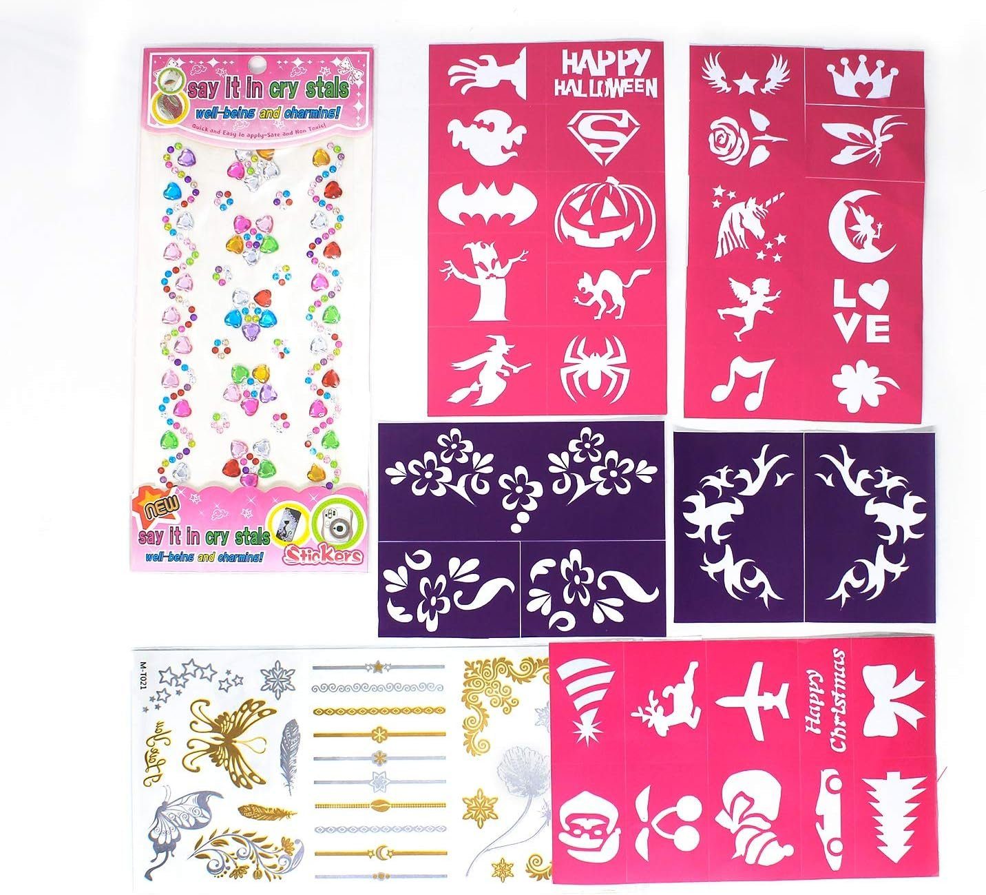 Diyarts Schminkstift (umfangreiches und sicheres Face-Painting-Kit, 19-tlg), 19 lebendige Farben, funkelnder Glitzer, wiederverwendbare Schablonen