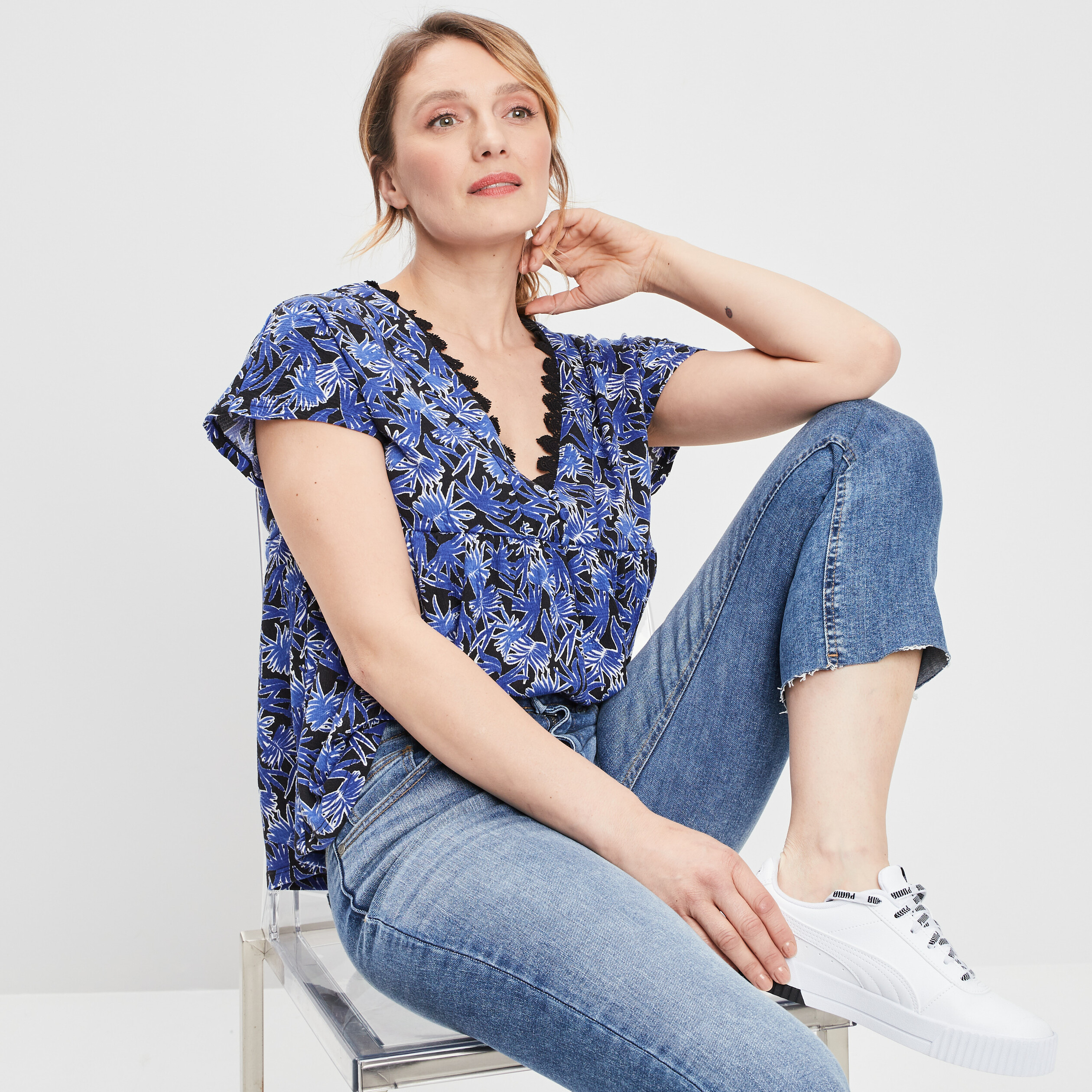 T-shirt manches courtes bleu electrique femme | La Halle
