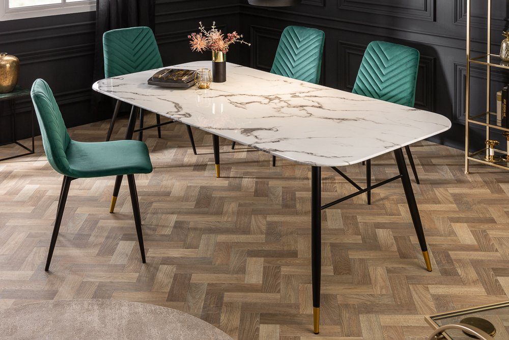 riess-ambiente Esstisch PARIS 180cm weiß / schwarz-gold, Kristallglas · Marmor-Dekor · Retro