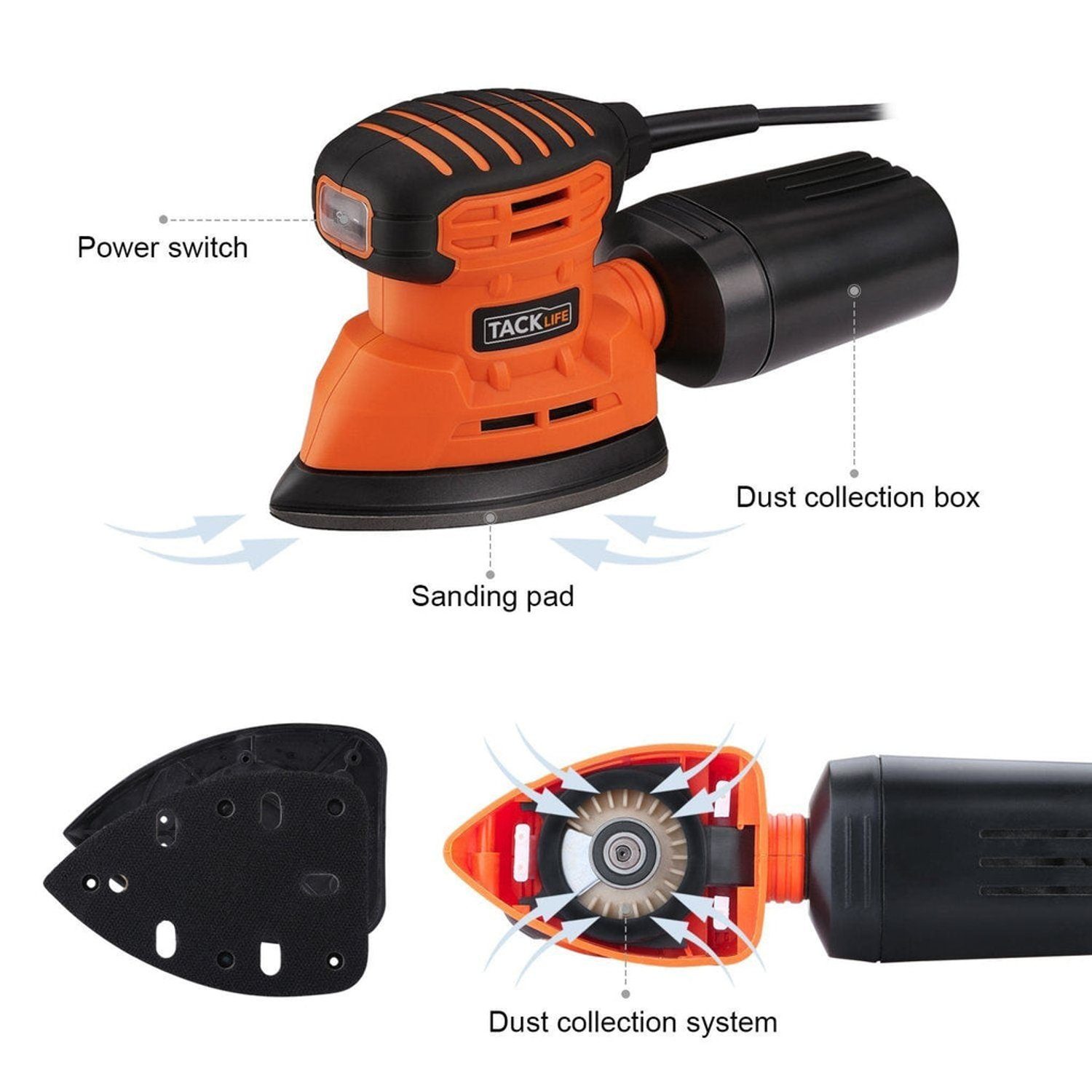 TACKLIFE Multischleifer, 130W 12000RPM mit 12 Schleifpapieren, 3m Netzkabel