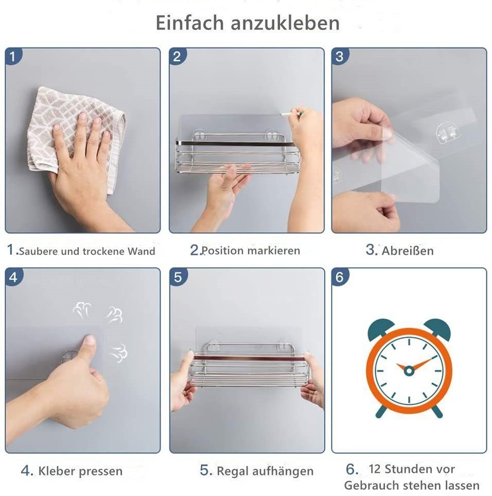 Elegear Duschablage ohne Bohren aus Edelstahl, Duschkorb mit Starker Klebhaken, 10KG MAX, Set 2-tlg, Dusch Ablage mit Haken, Zubehör für Küche und Bad