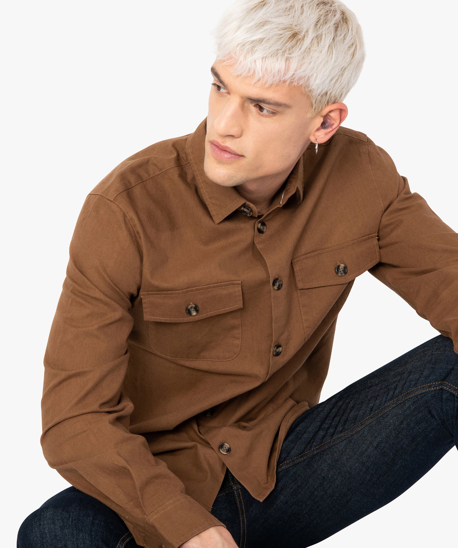 Surchemise homme en lin et coton avec poches poitrine marron | GEMO