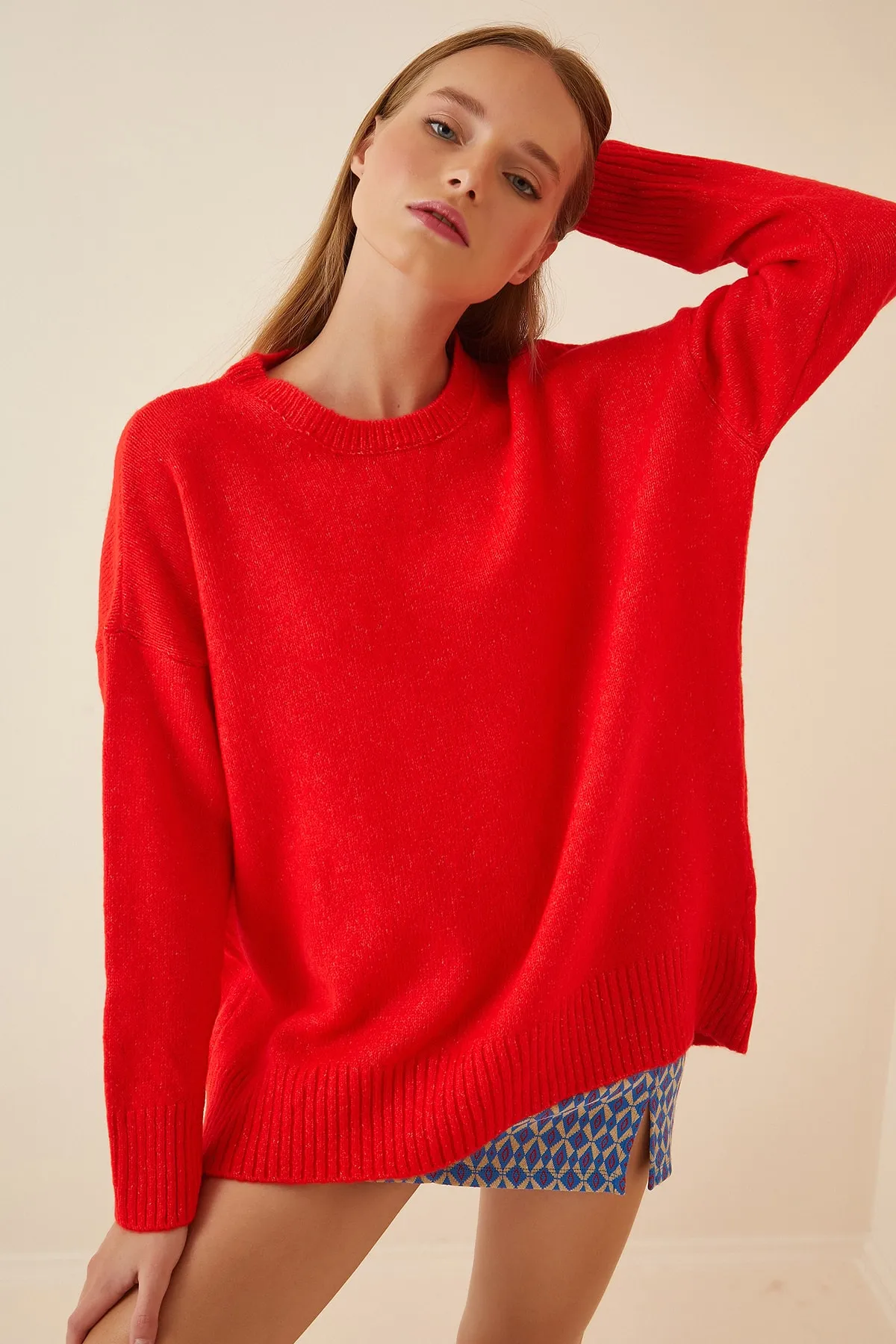 Happiness İstanbul  Übergroßer Strickpullover Live Red für Damen PN00054
