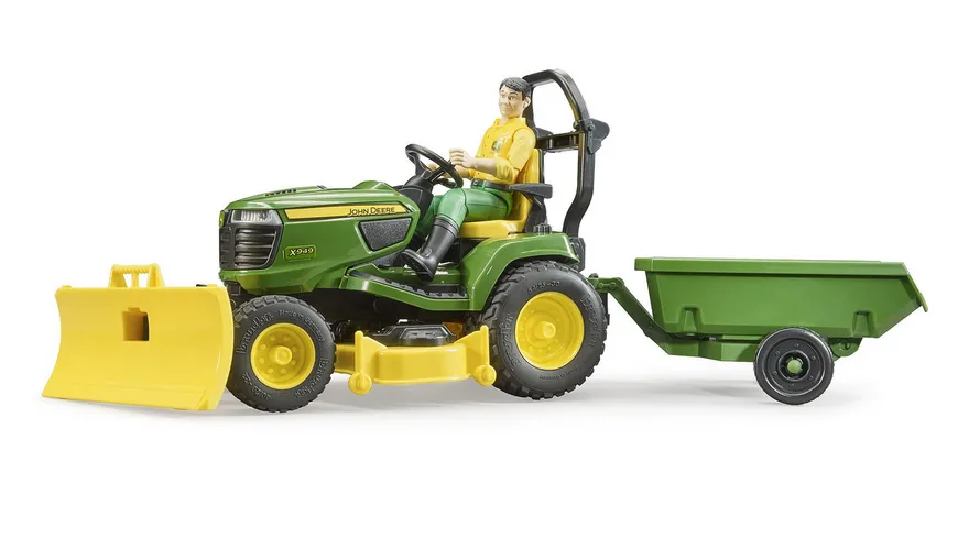 BRUDER - bworld John Deere Rasentraktor mit Anhänger und Gärtner