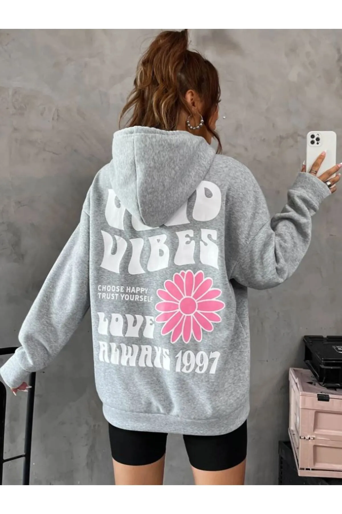 Know  Graues „Good Vibes 1997“-Kapuzenpullover mit Print für Damen