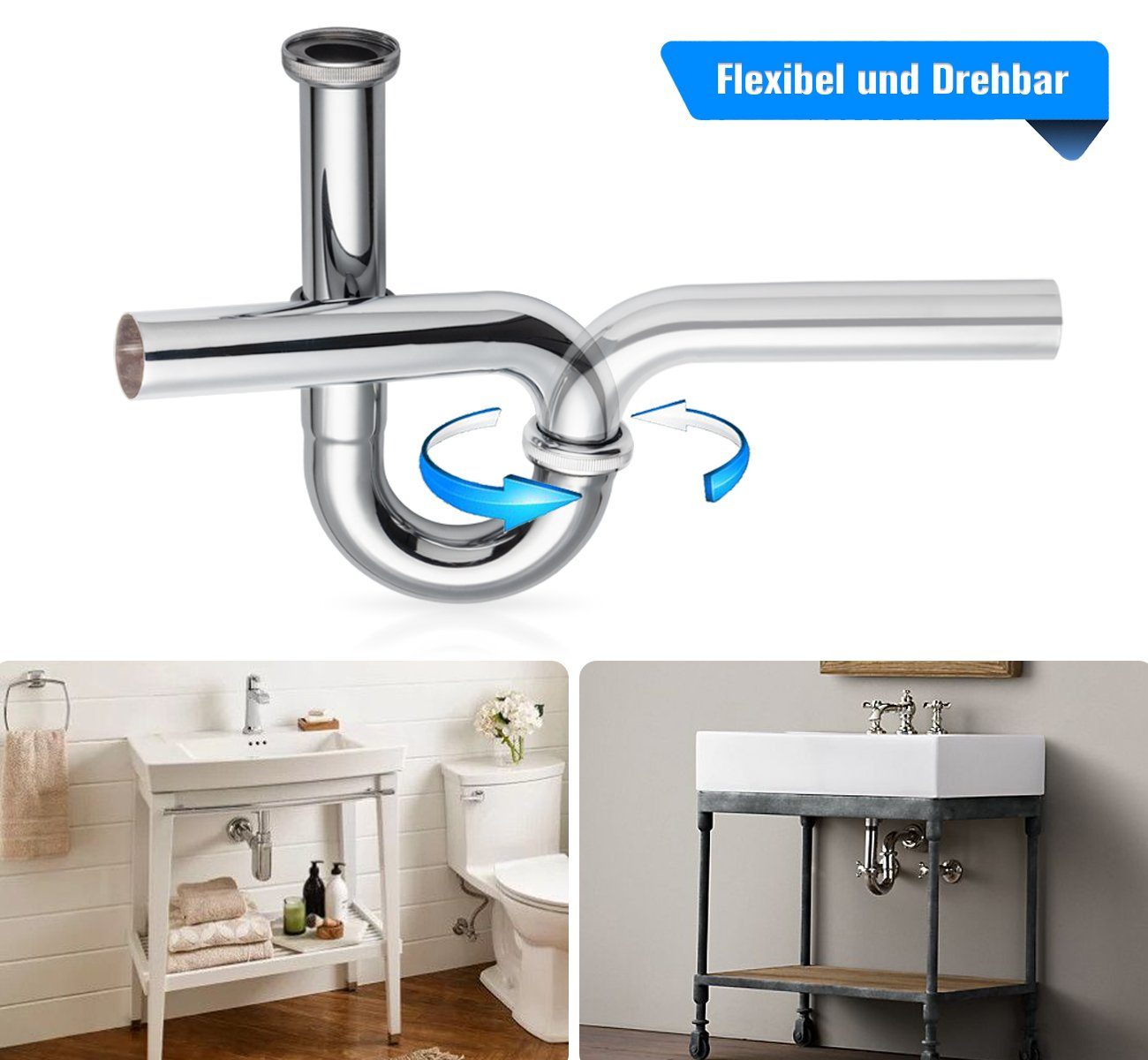 Homewit Siphon Universal Siphon für Waschbecken & Waschtisch, (Set, 1-tlg., Edelstahl Röhrensiphon), Verchromt, 1/4