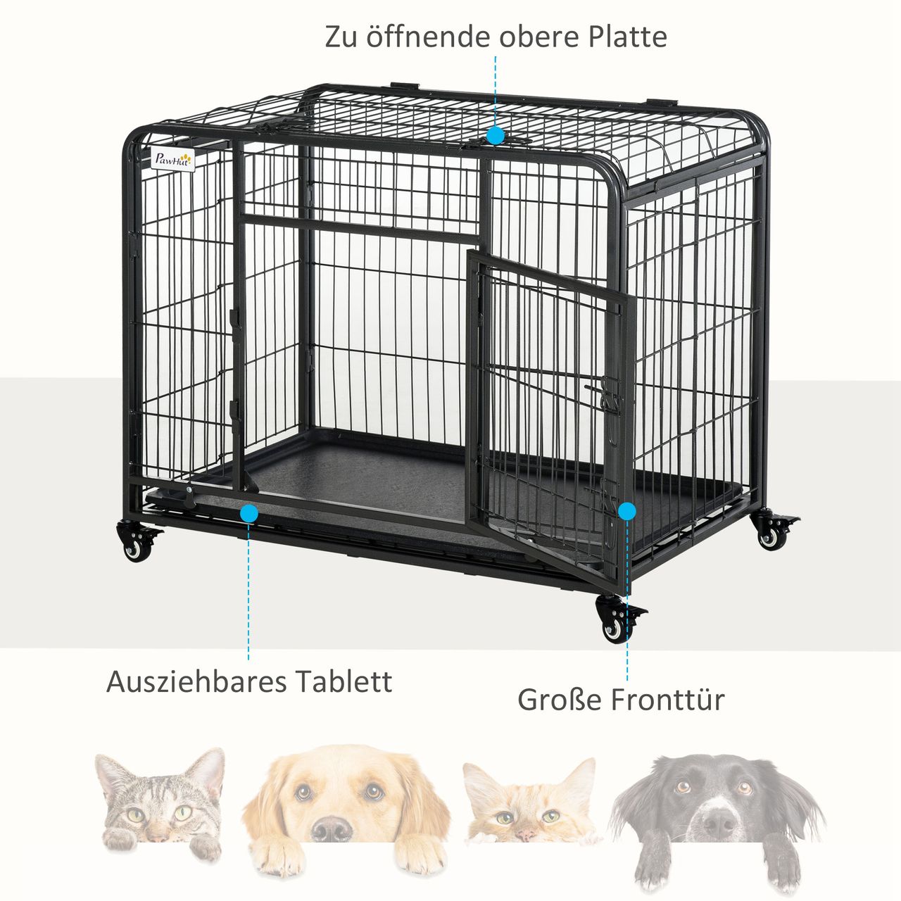 PawHut Transportbox faltbarer Transportkäfig mit Rädern Metall Grau Schwarz