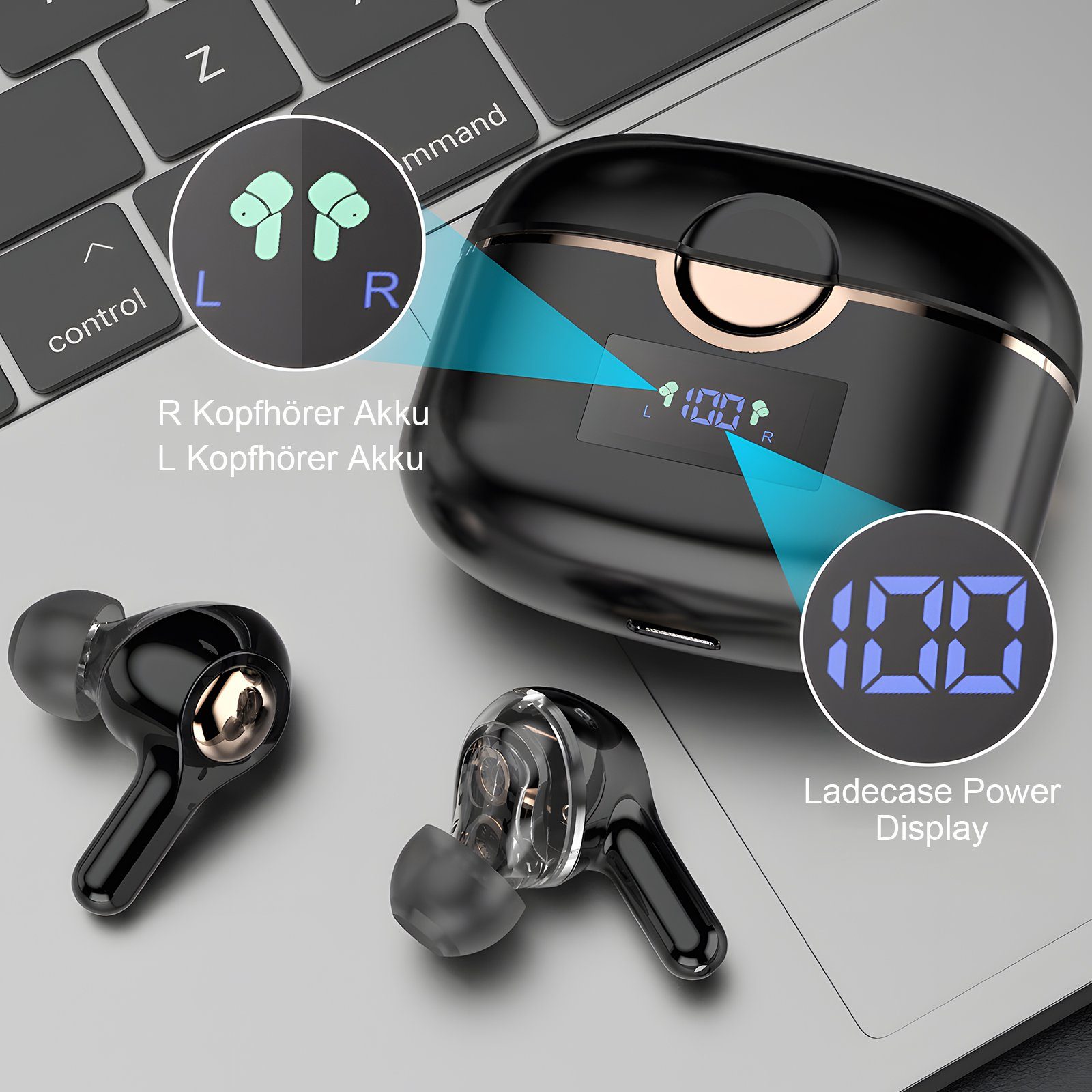 EXTSUD Bluetooth Kopfhörer Kabellos Headset ANC In-Ear-Kopfhörer (Sprachassistent, HIFI-Stereo, Ladefach mit LED-Anzeige, 30-Stunden Standby-Zeit, Rauschunterdrückungsfunktion, Bluetooth 5.2 Gerauschreduzierungsfunktion IPX5, 7 Stunden Musikspielzeit