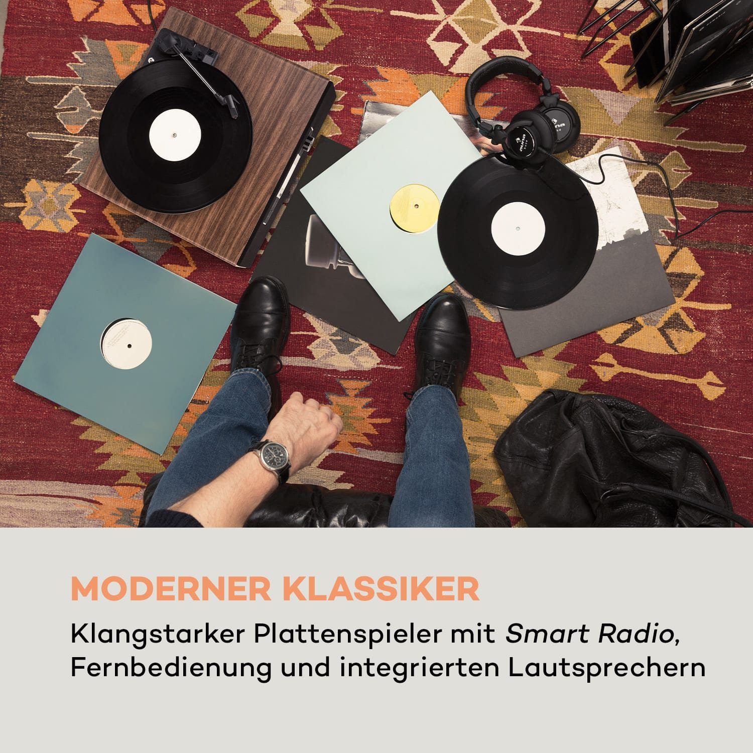 Auna Connect Vinyl Cube Plattenspieler (Riemenantrieb, Bluetooth, Schallplattenspieler mit Lautsprecher Radio Vinyl Plattenspieler)