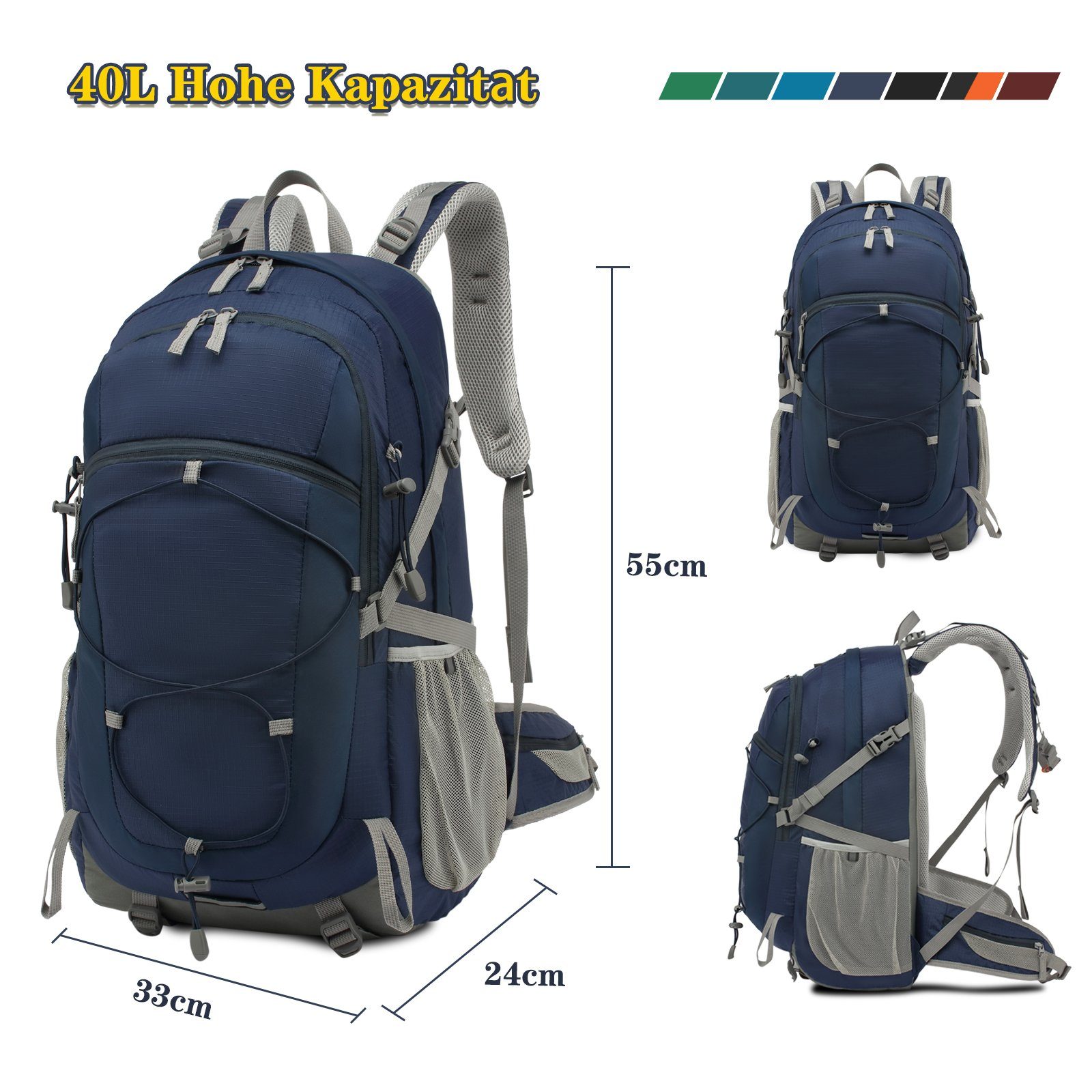 TAN.TOMI Kletterrucksack 40L Outdoor-Rucksack mit Regenschutzhülle (Ausgestattet mit 1-Rucksack und 1-Regenabdeckung, Einschließlich Regenschutz), Kompressionsgurte für Trekkingstöcke, Schlafsack, Decke etc.