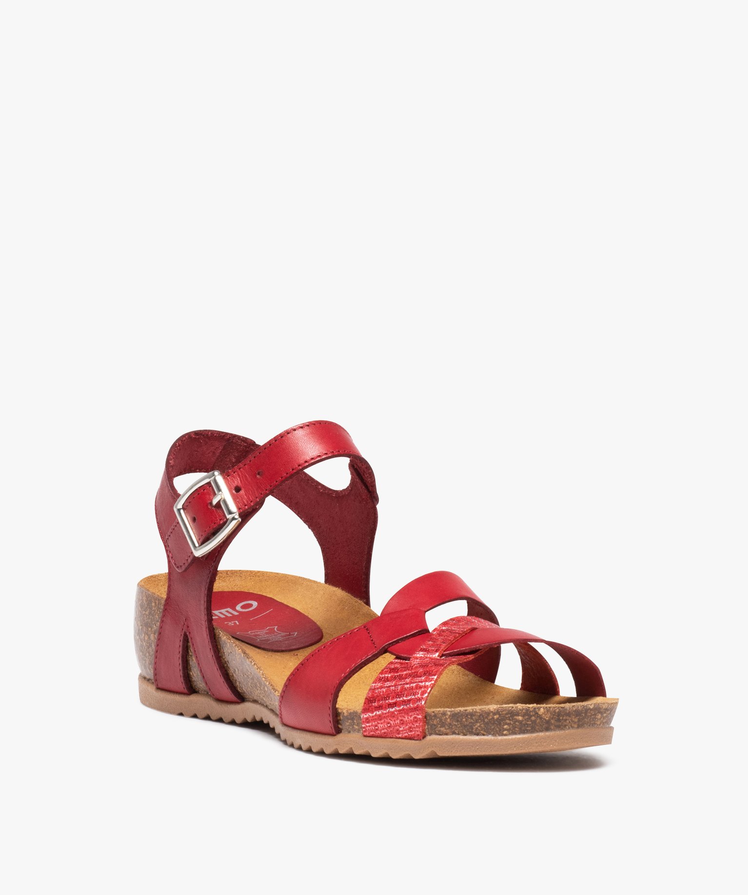 Sandales femme unies et compensées à bride fantaisie en cuir rouge | GEMO