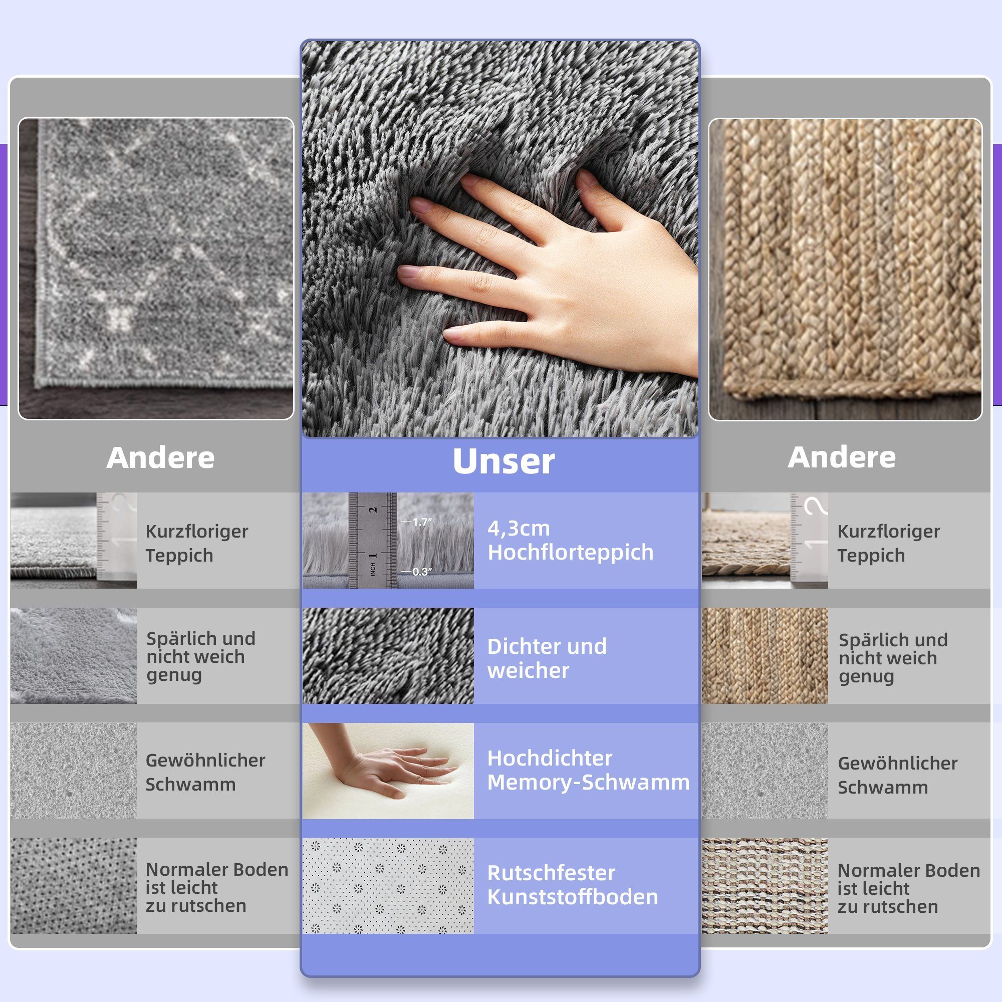 Fellteppich weiche flauschige großer Teppiche, Shaggy, einfarbig, Hochflor-Teppich, NEFOSO, rechteckig, Höhe: 43 mm, modern Deko Teppich, Wohnzimmer Schlafzimmer Kinderzimmer, 243,8x152,4cm