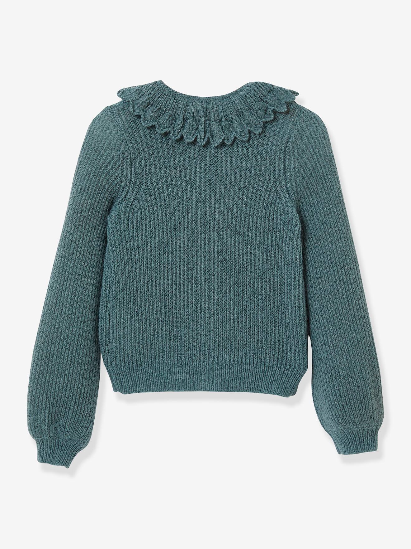 Cardigan fille col fantaisie CYRILLUS vert fonce uni
