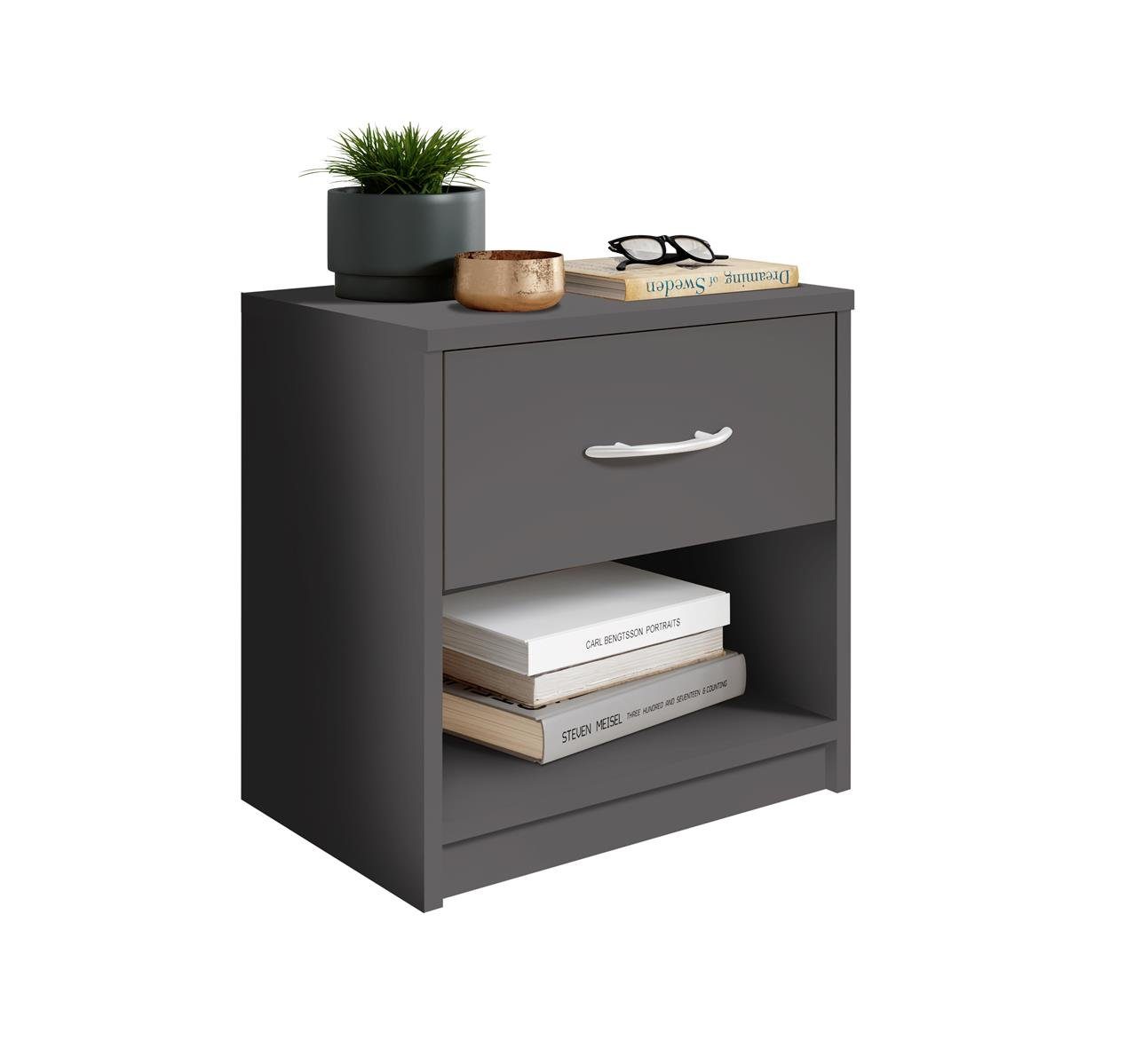 möbelando Nachtkommode Bettine, Nachttisch Graphit - Schlichter Nachtschrank mit einer Schublade passend zu jedem Bett & Schlafzimmer - 39 x 41 x 28 cm (B/H/T)