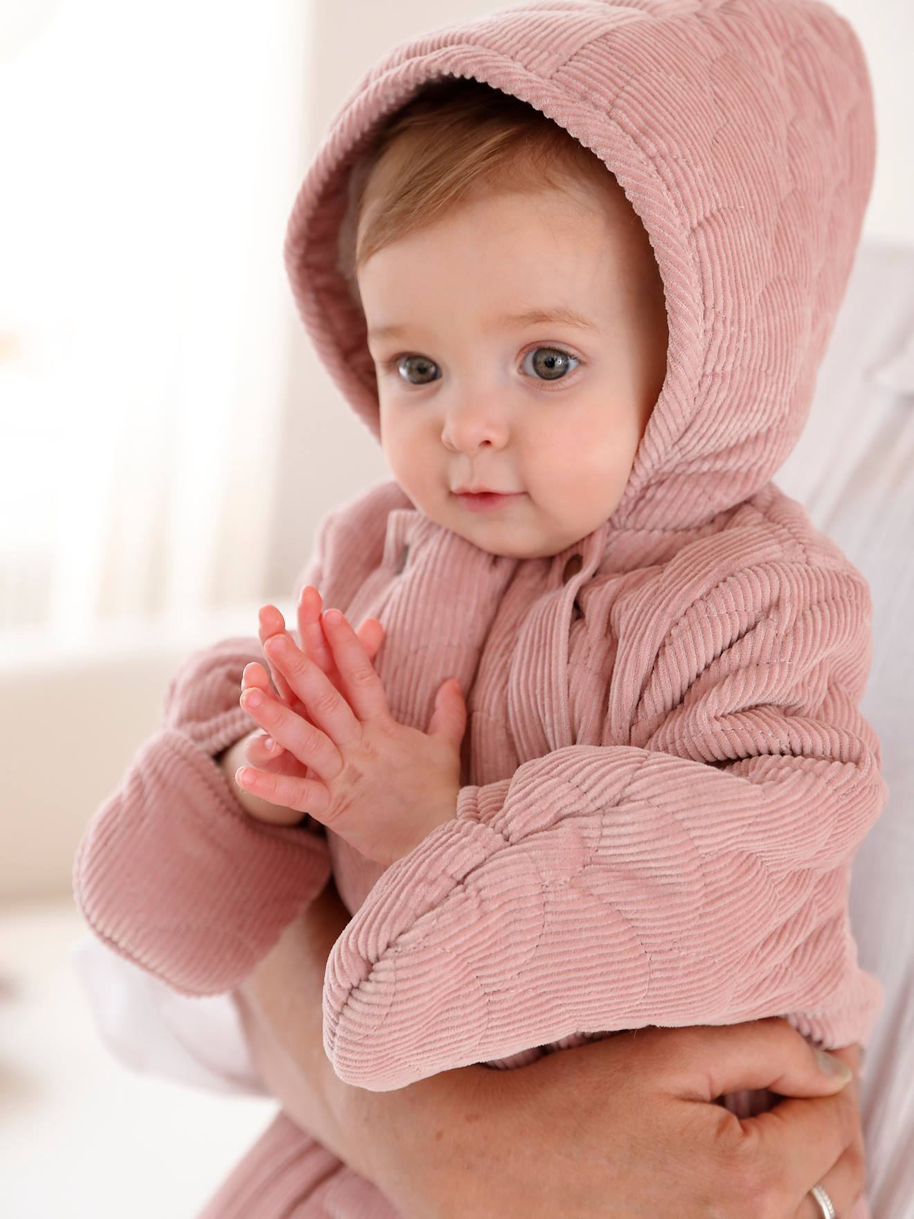 Combipilote en velours bébé double ouverture totale rose pale