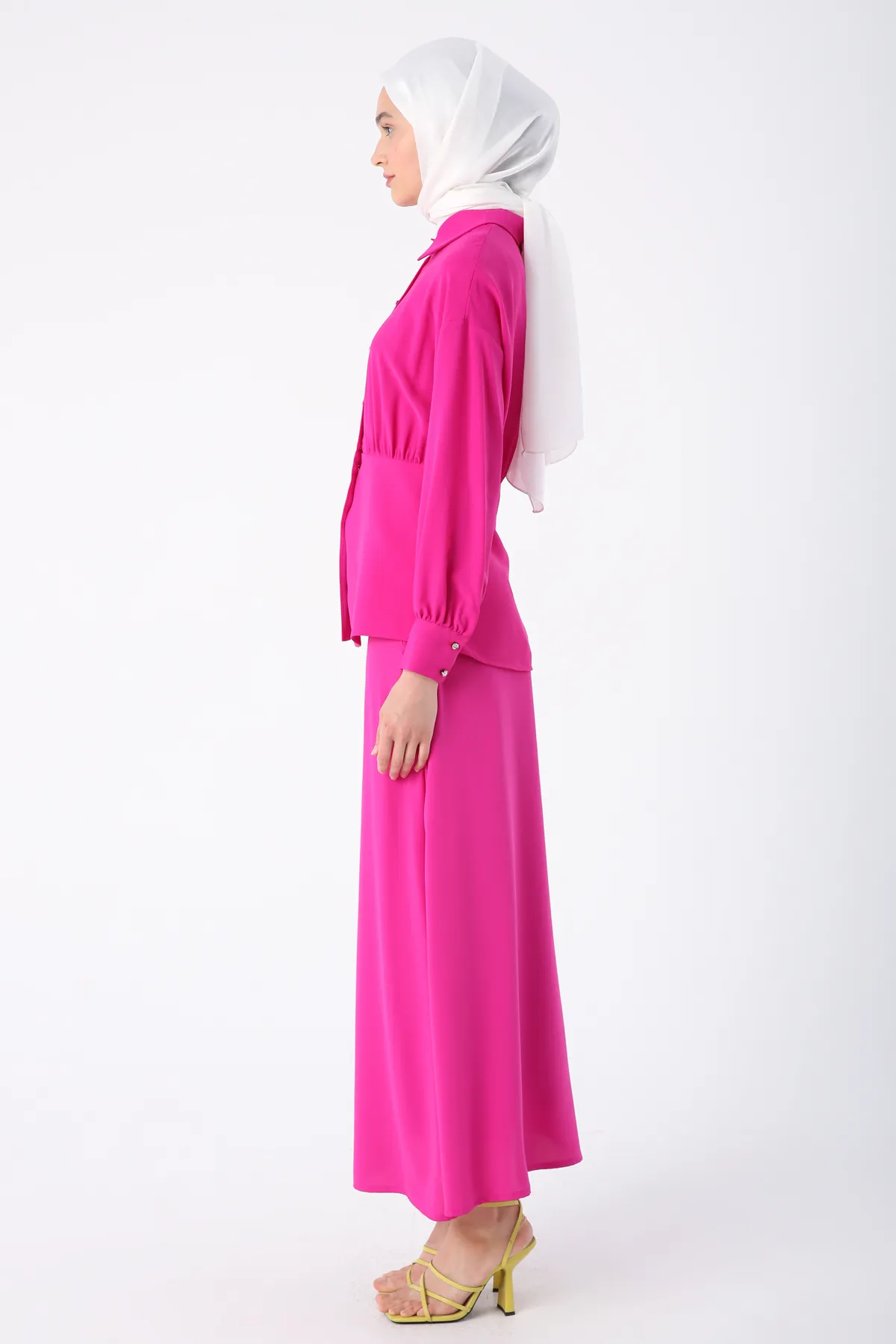ALLDAY  Fuchsia-Taillenraffung, detailliertes, stilvolles, geknöpftes Chiffon-Blusenrock-Set