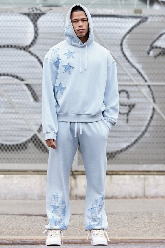 Oversized Acid Wash Denim Stars Applique Tracksuit