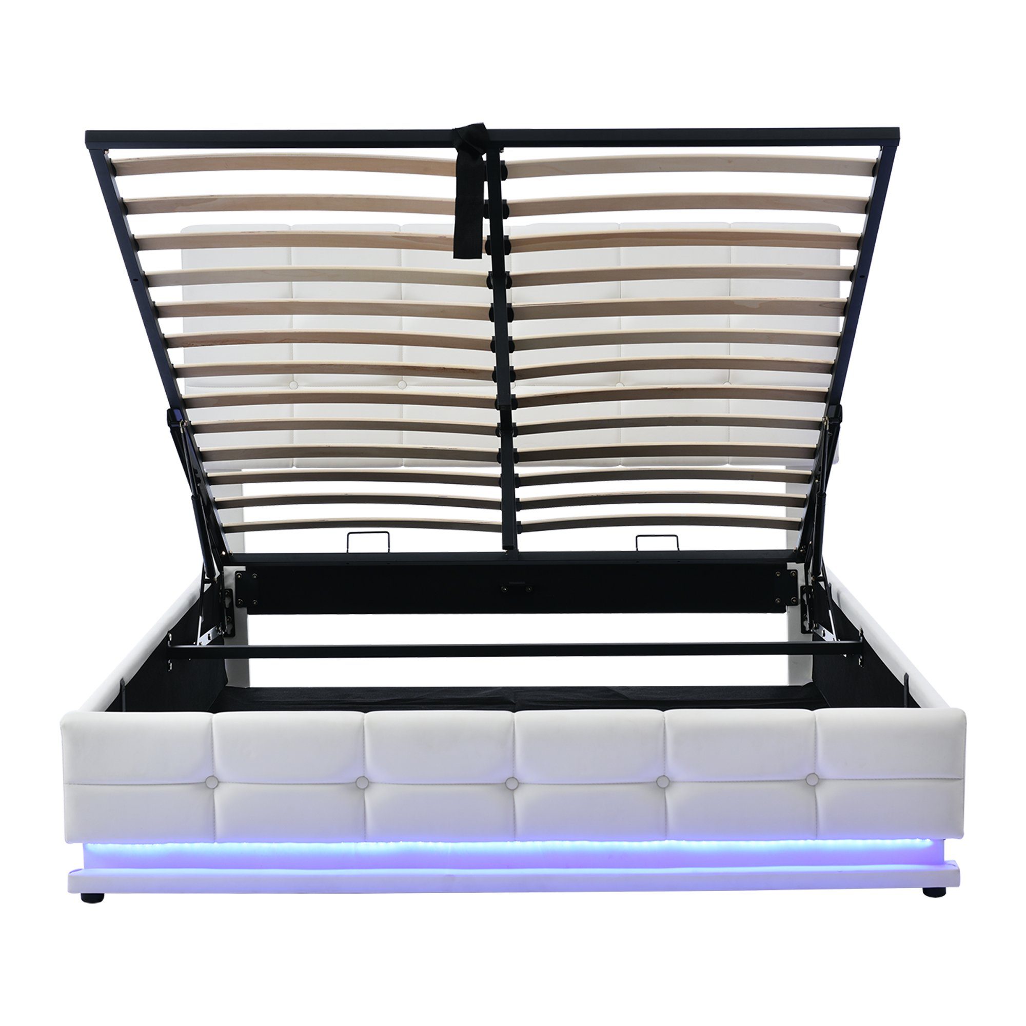 Flieks Polsterbett, LED Beleuchtung Doppelbett Stauraumbett 140x200cm Kunstleder