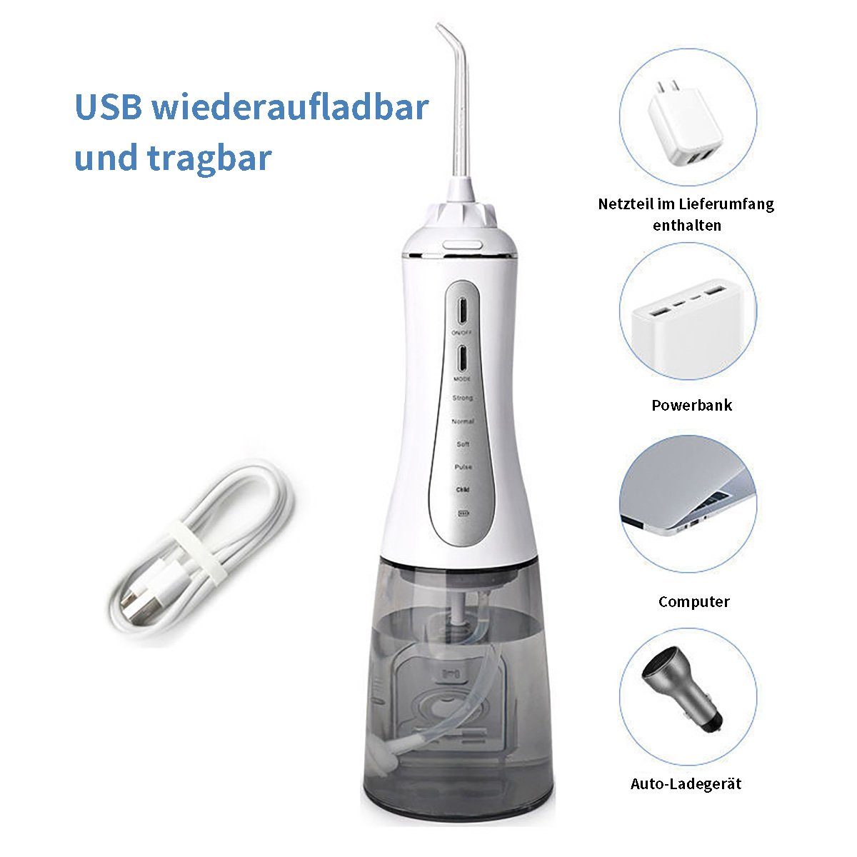 flowgoer Reise-Munddusche Tragbare Munddusche zur Tiefenreinigung mit 5 Modi und 6 Düsen, Großes Tankvolumen, wasserdicht, ideal für Reisen und Zuhause