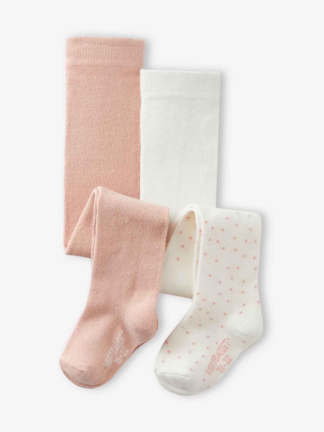 Lot de 2 paires de collants à pois/unis bébé fille rose poudré