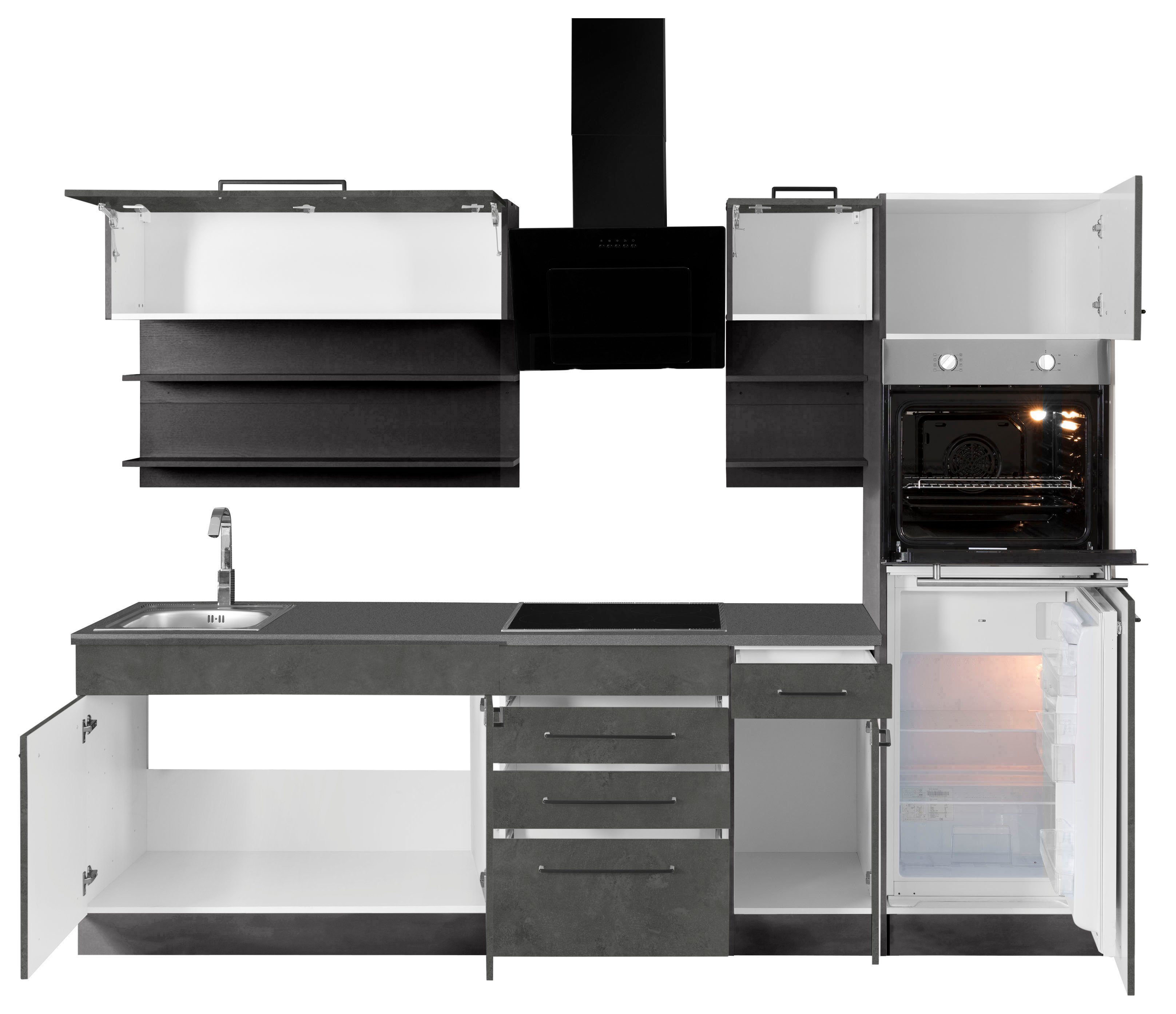 HELD MÖBEL Küchenzeile Tulsa, mit E-Geräten, Breite 270 cm, schwarze Metallgriffe, MDF Fronten